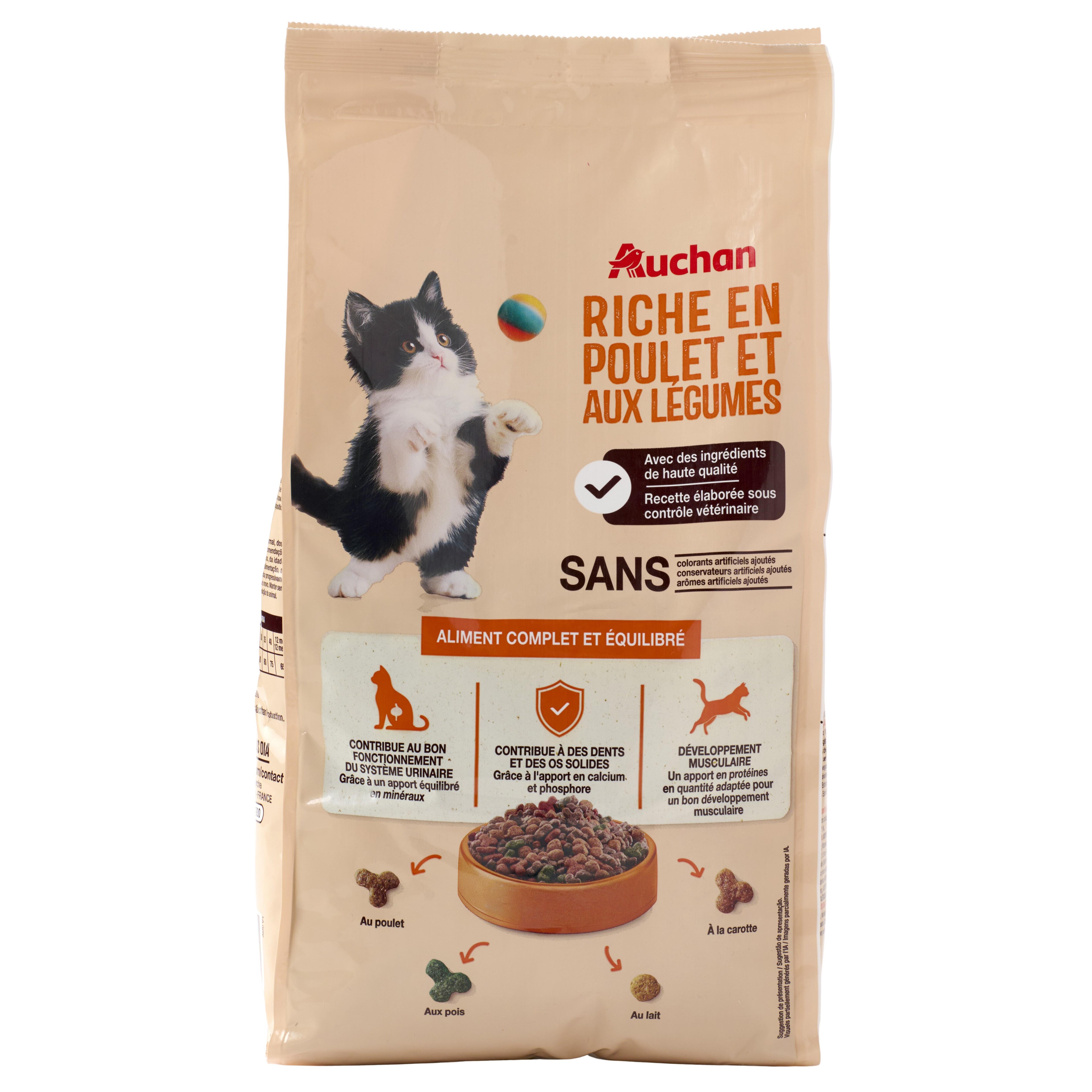Voir la diapositive 4 : AUCHAN Croquettes riche en poulet et aux légumes pour chaton 1.5kg