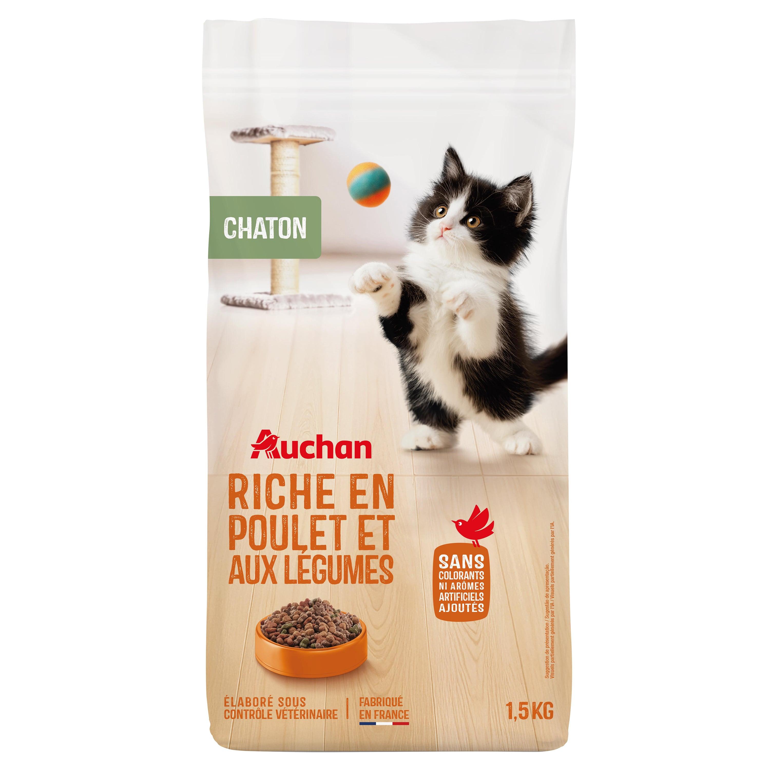 Voir la diapositive 6 : AUCHAN Croquettes riche en poulet et aux légumes pour chaton 1.5kg