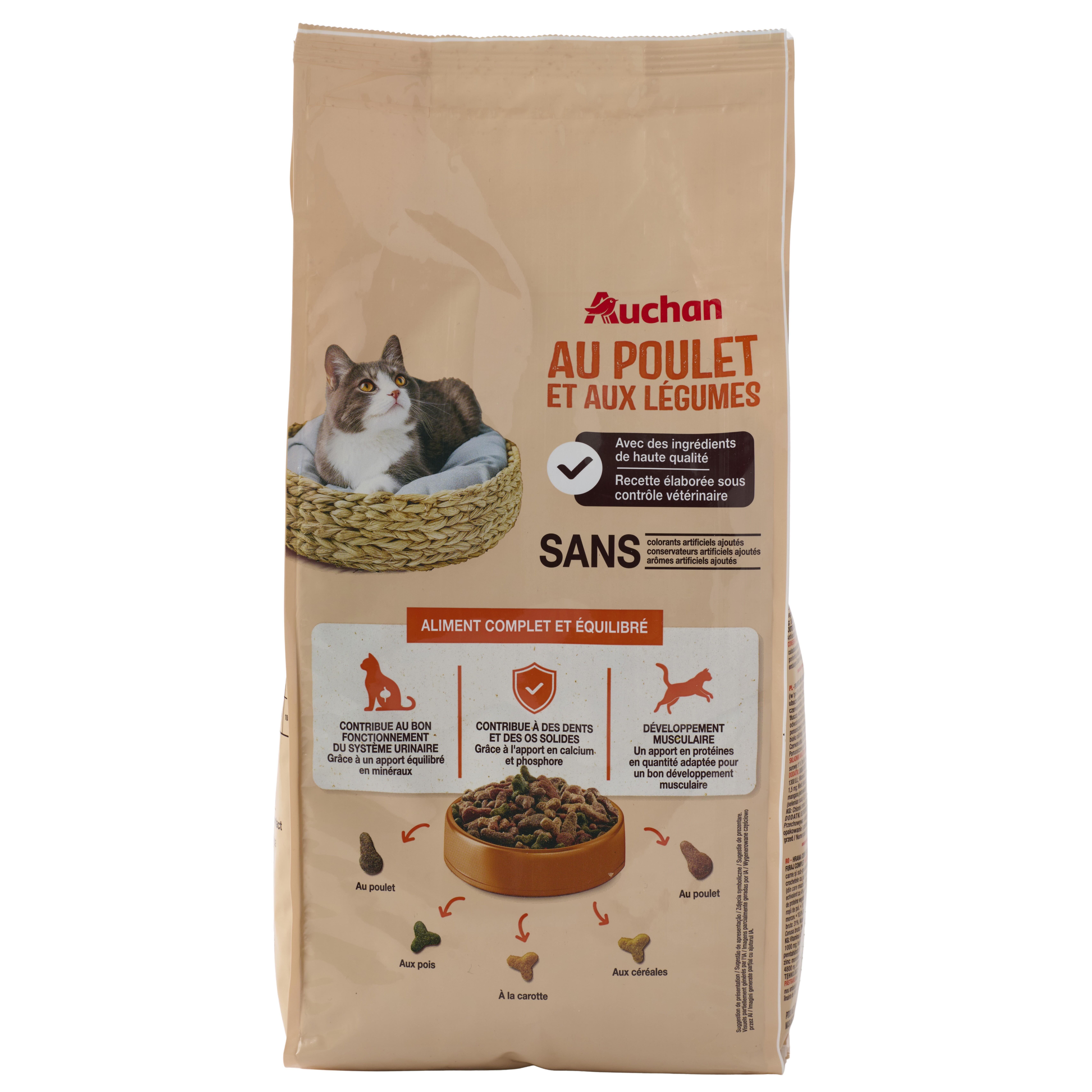 Voir la diapositive 4 : AUCHAN Croquettes au poulet et aux légumes pour chat 2kg