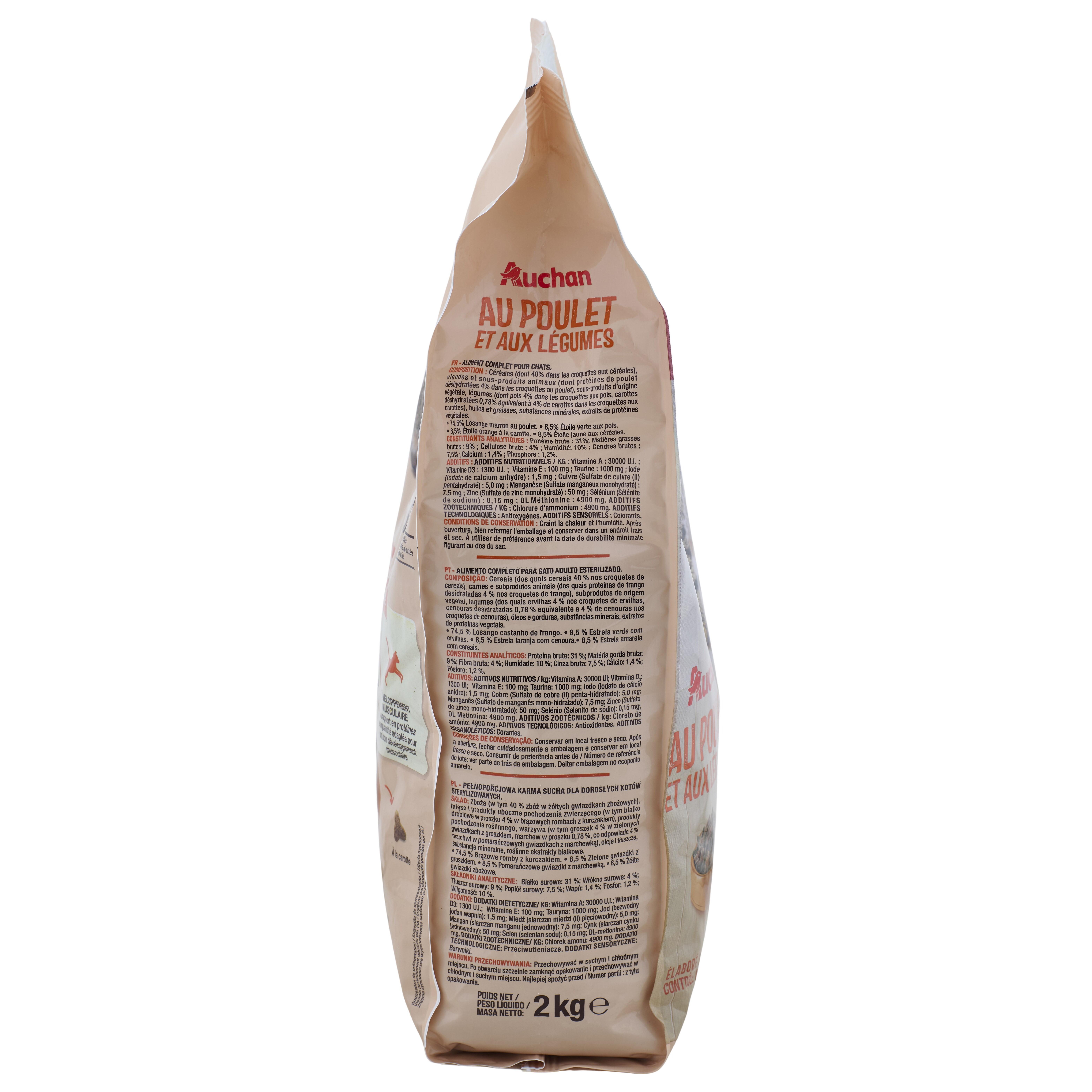 Voir la diapositive 3 : AUCHAN Croquettes au poulet et aux légumes pour chat stérilisé 2kg