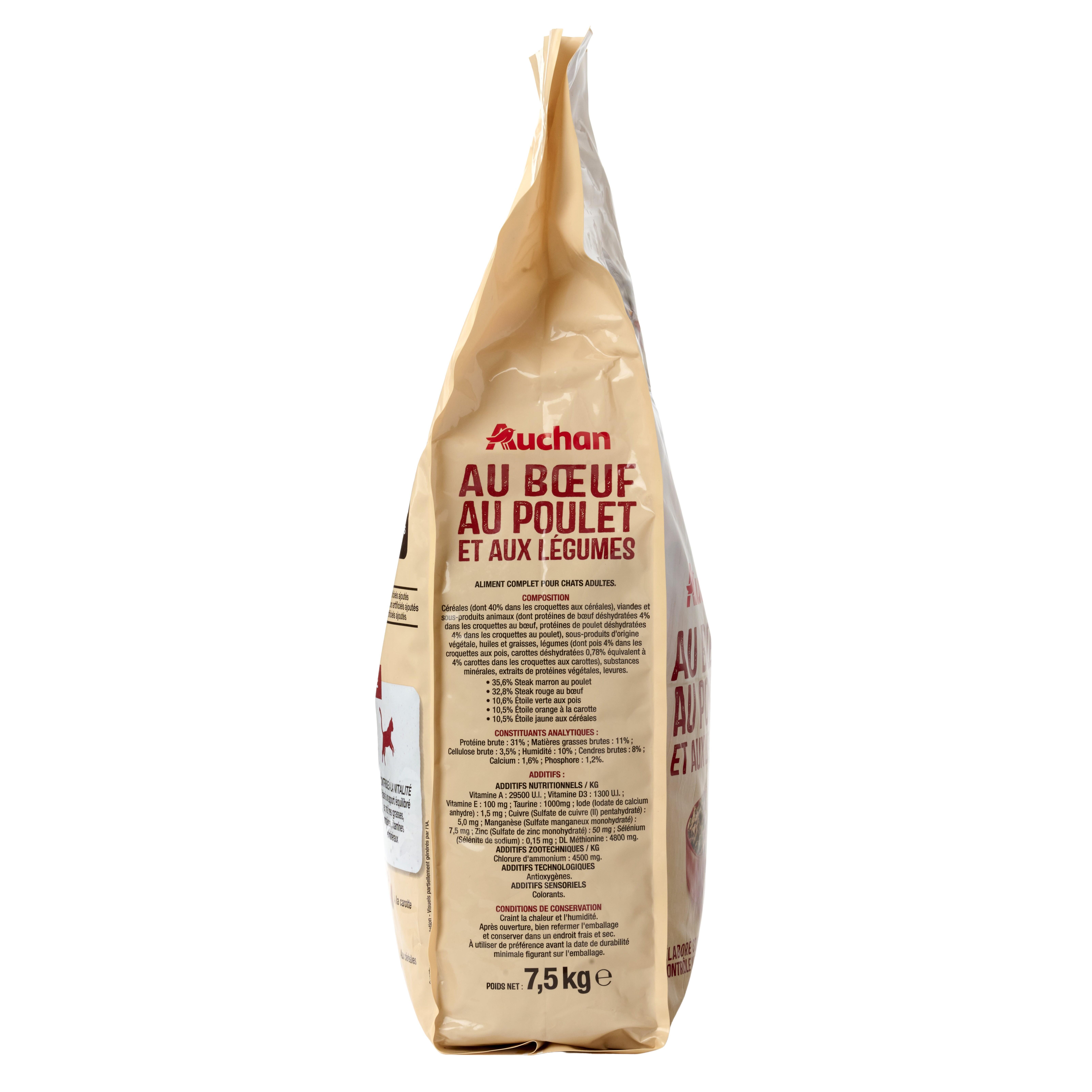 Voir la diapositive 2 : AUCHAN Croquettes au boeuf au poulet et aux légumes pour chat 7.5kg