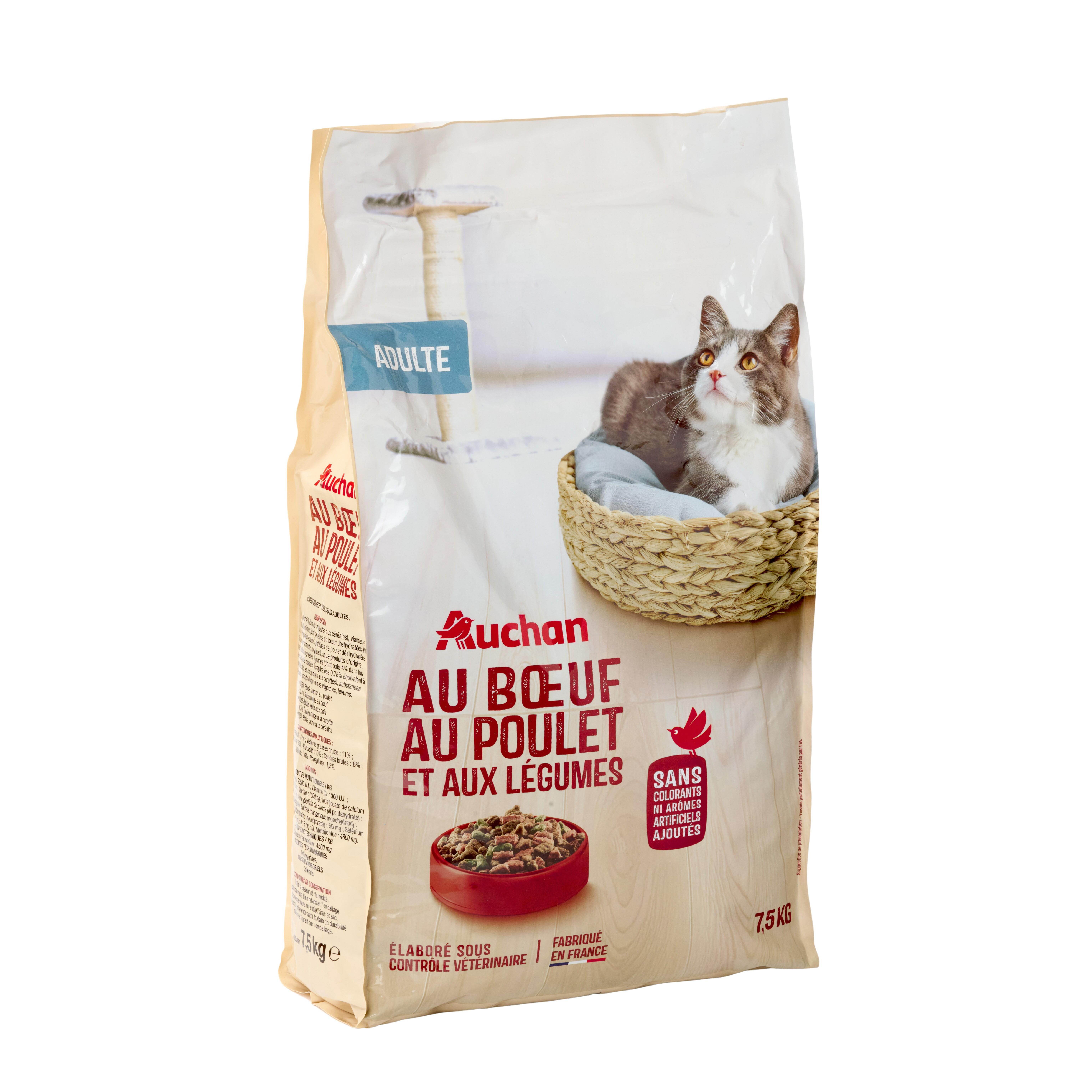 Voir la diapositive 3 : AUCHAN Croquettes au boeuf au poulet et aux légumes pour chat 7.5kg