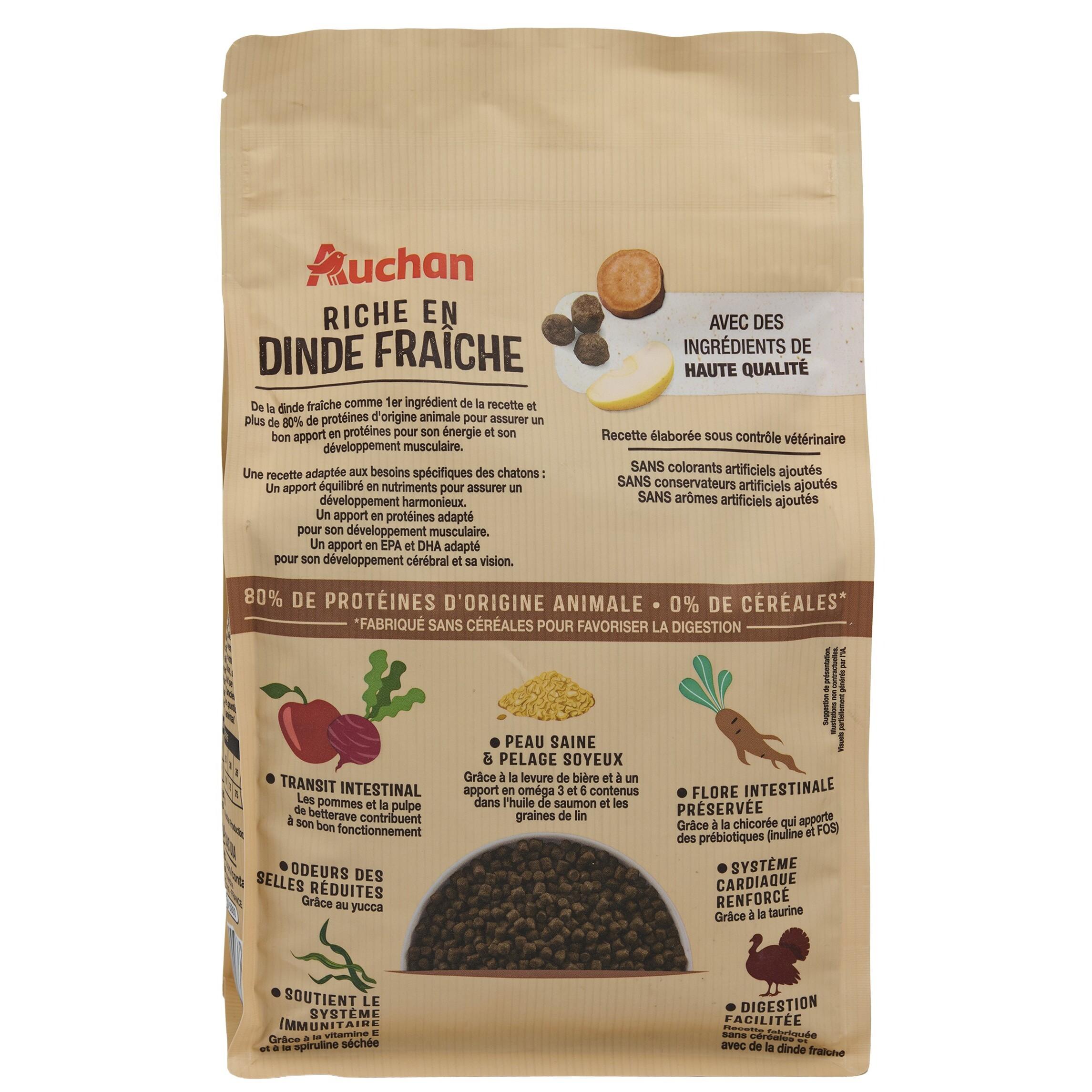 Voir la diapositive 2 : AUCHAN Croquettes à la dinde sans céréales pour chaton 1.5kg