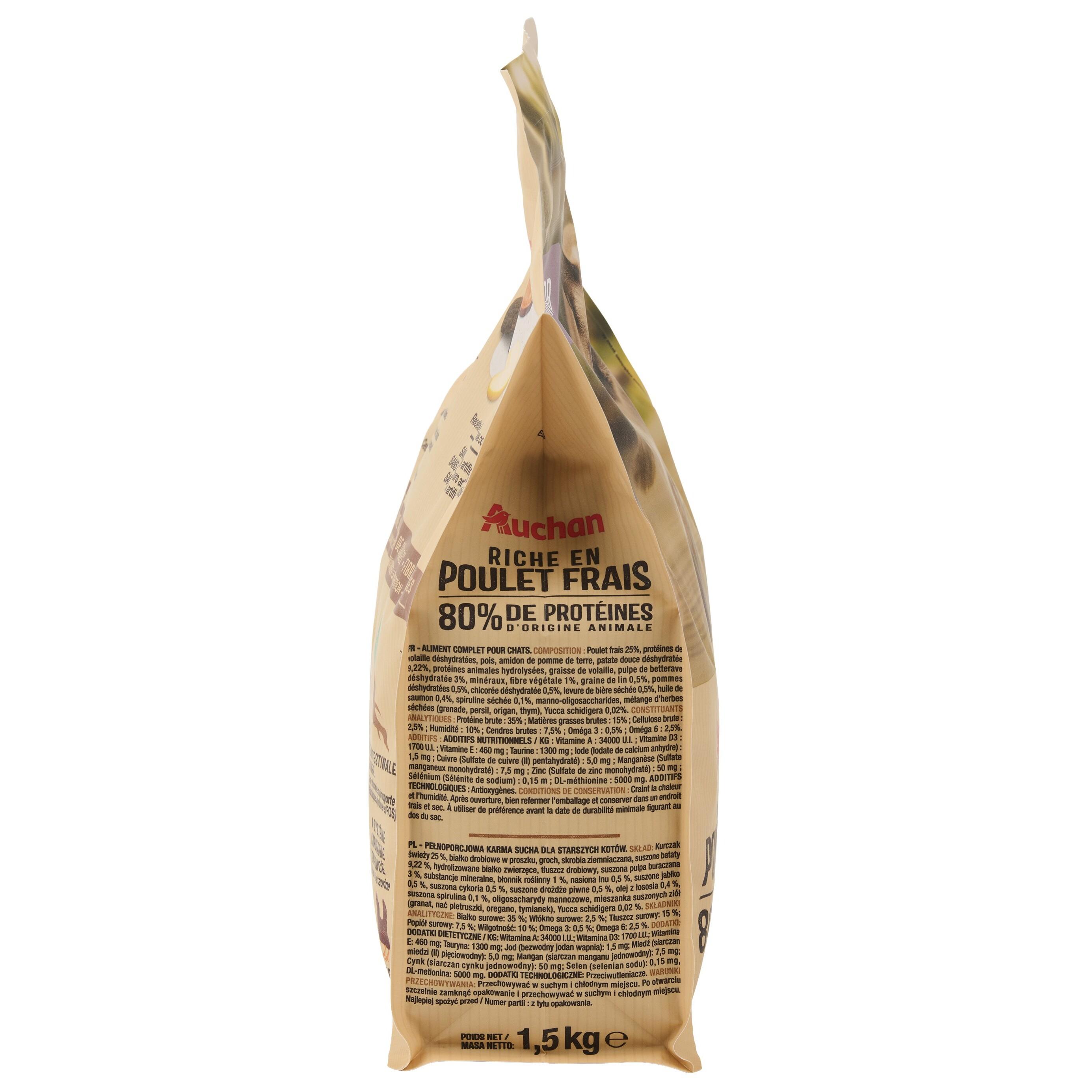 Voir la diapositive 2 : AUCHAN Croquettes au poulet frais sans céréales pour chat senior 1.5kg