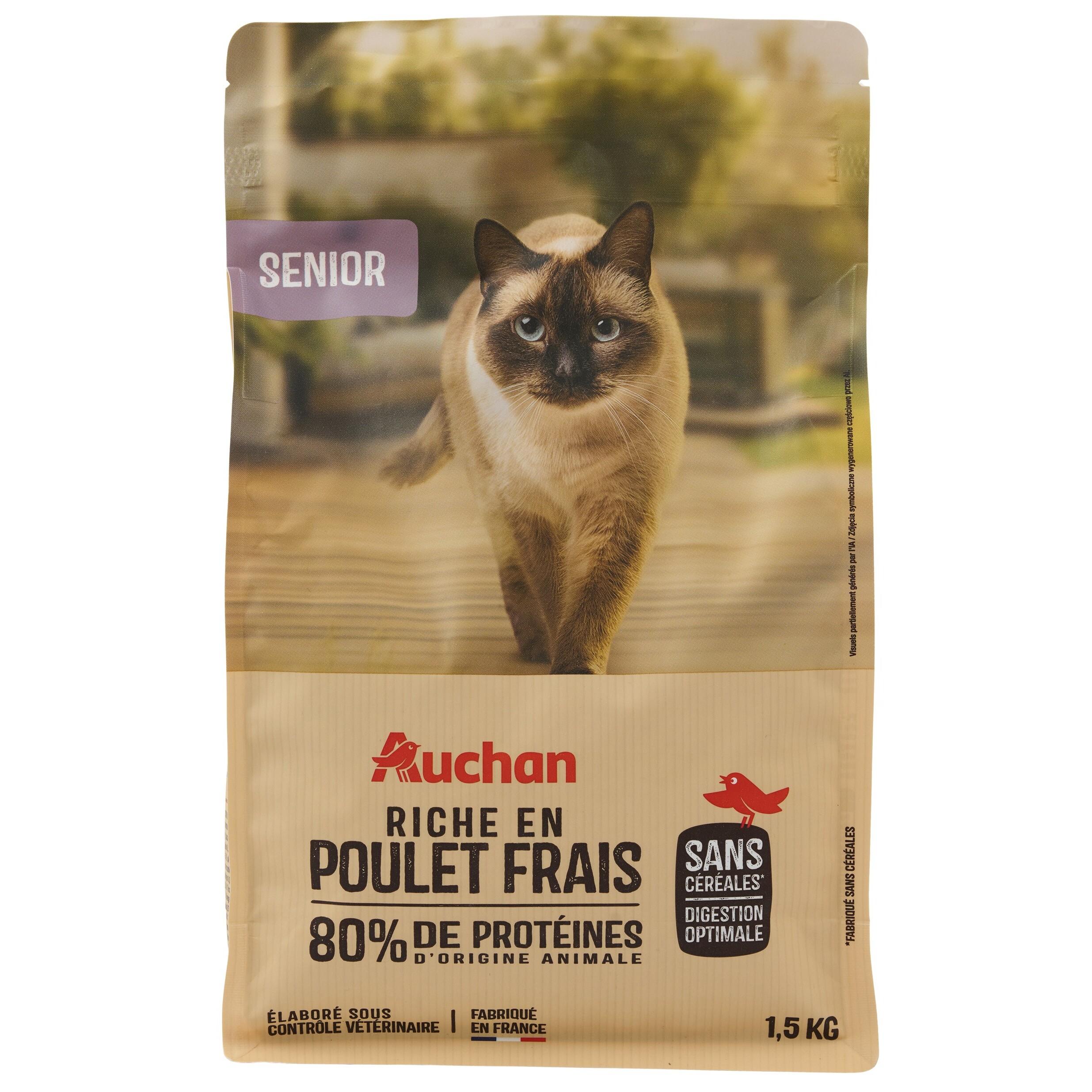 Voir la diapositive 3 : AUCHAN Croquettes au poulet frais sans céréales pour chat senior 1.5kg