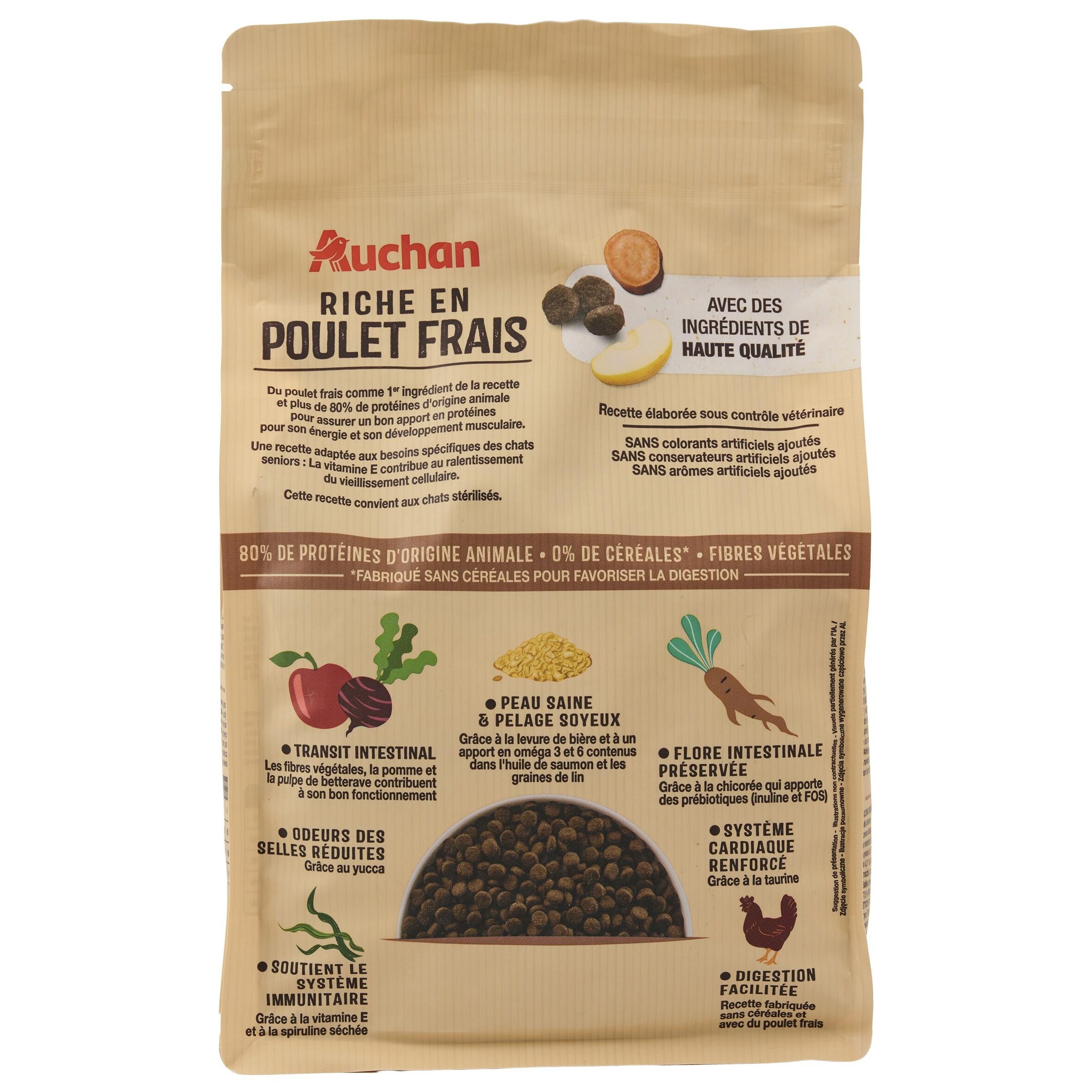 Voir la diapositive 4 : AUCHAN Croquettes au poulet frais sans céréales pour chat senior 1.5kg