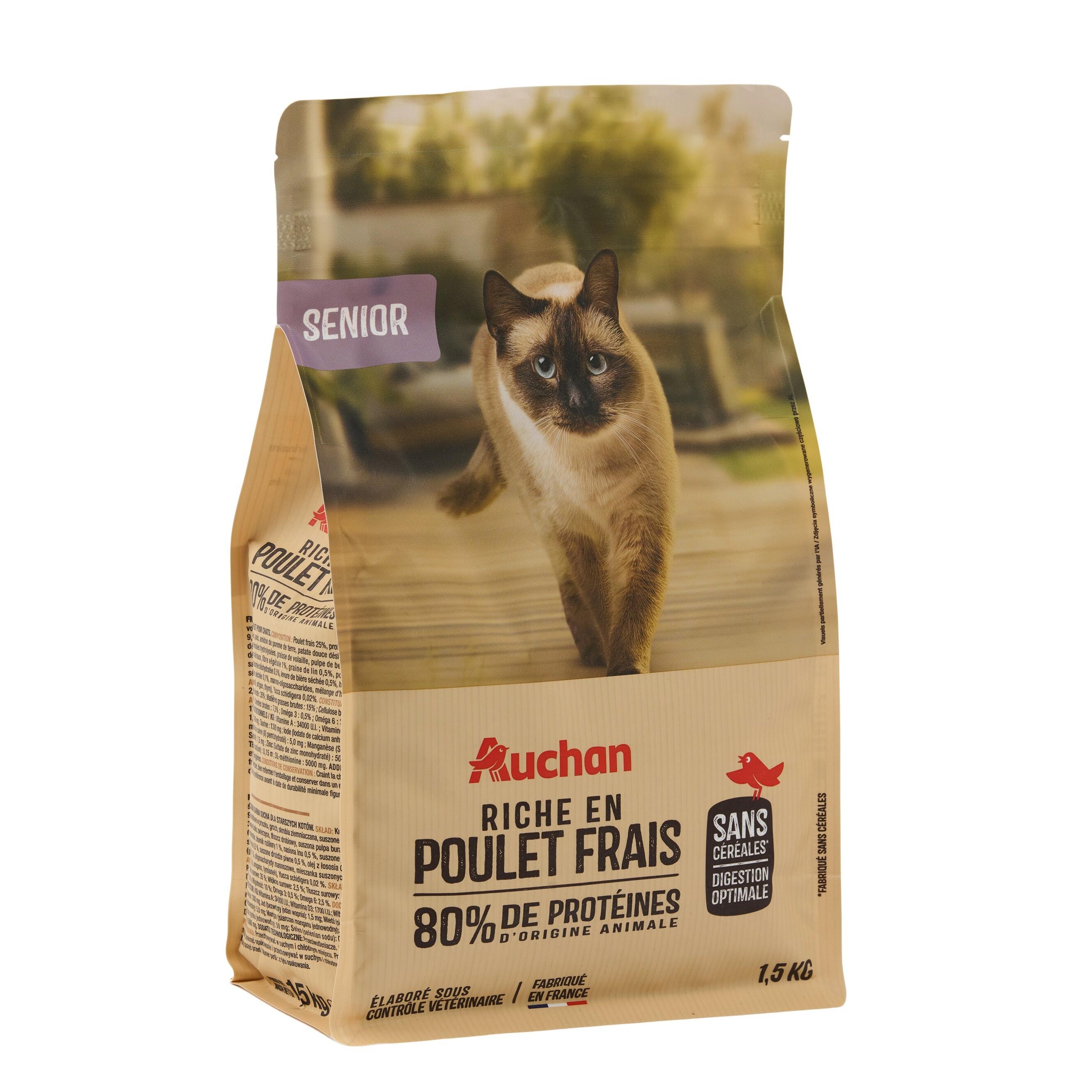 Voir la diapositive 6 : AUCHAN Croquettes au poulet frais sans céréales pour chat senior 1.5kg