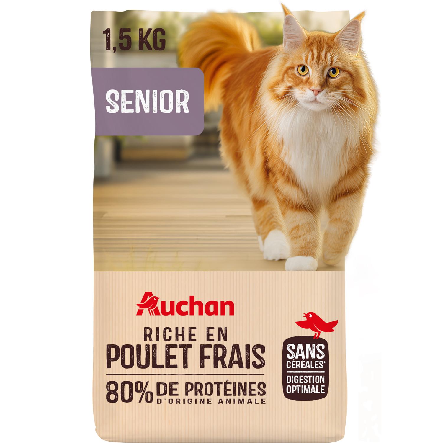 AUCHAN Croquettes au poulet frais sans céréales pour chat senior 1.5kg