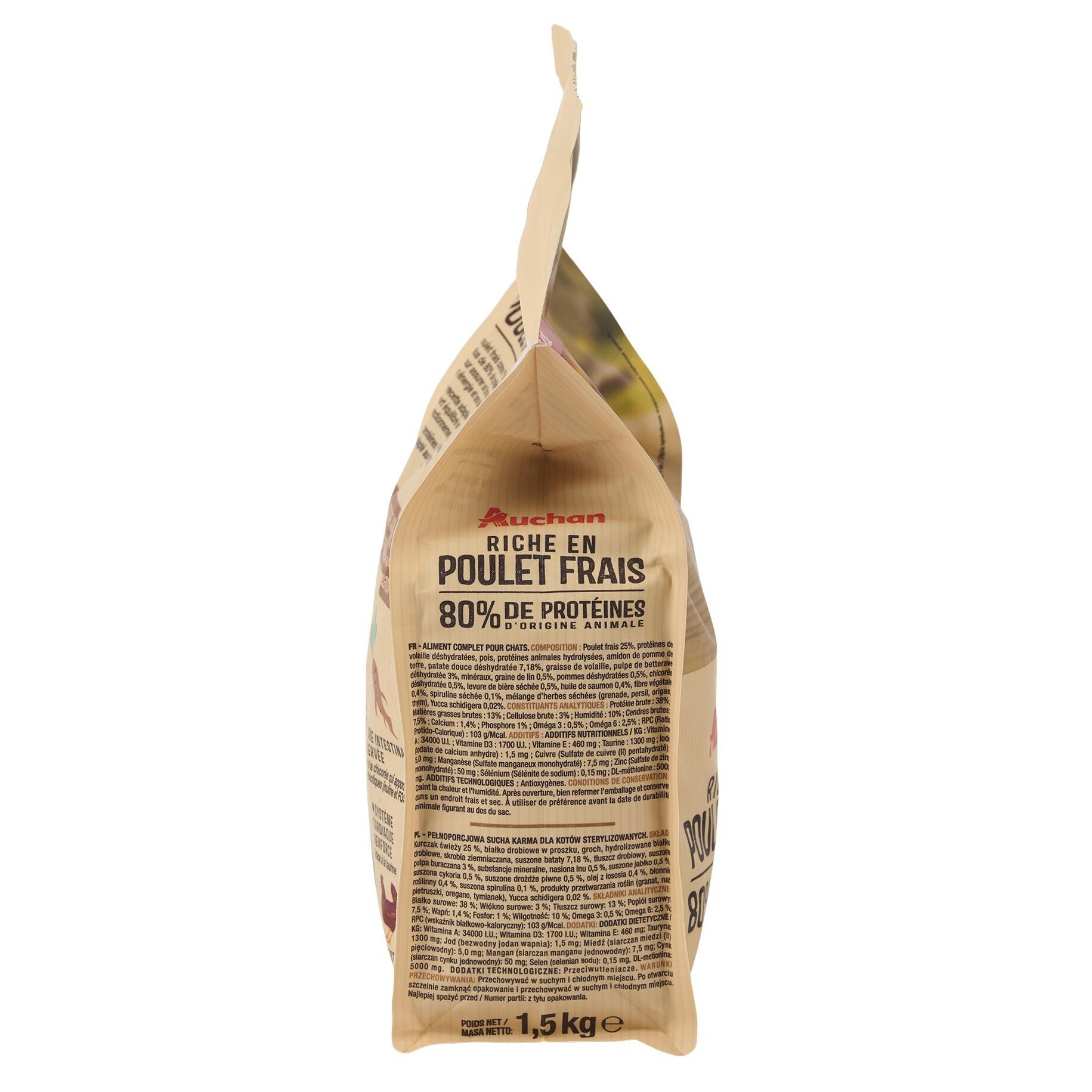 Voir la diapositive 2 : AUCHAN Croquettes au poulet frais sans céréales pour chat senior 1.5kg