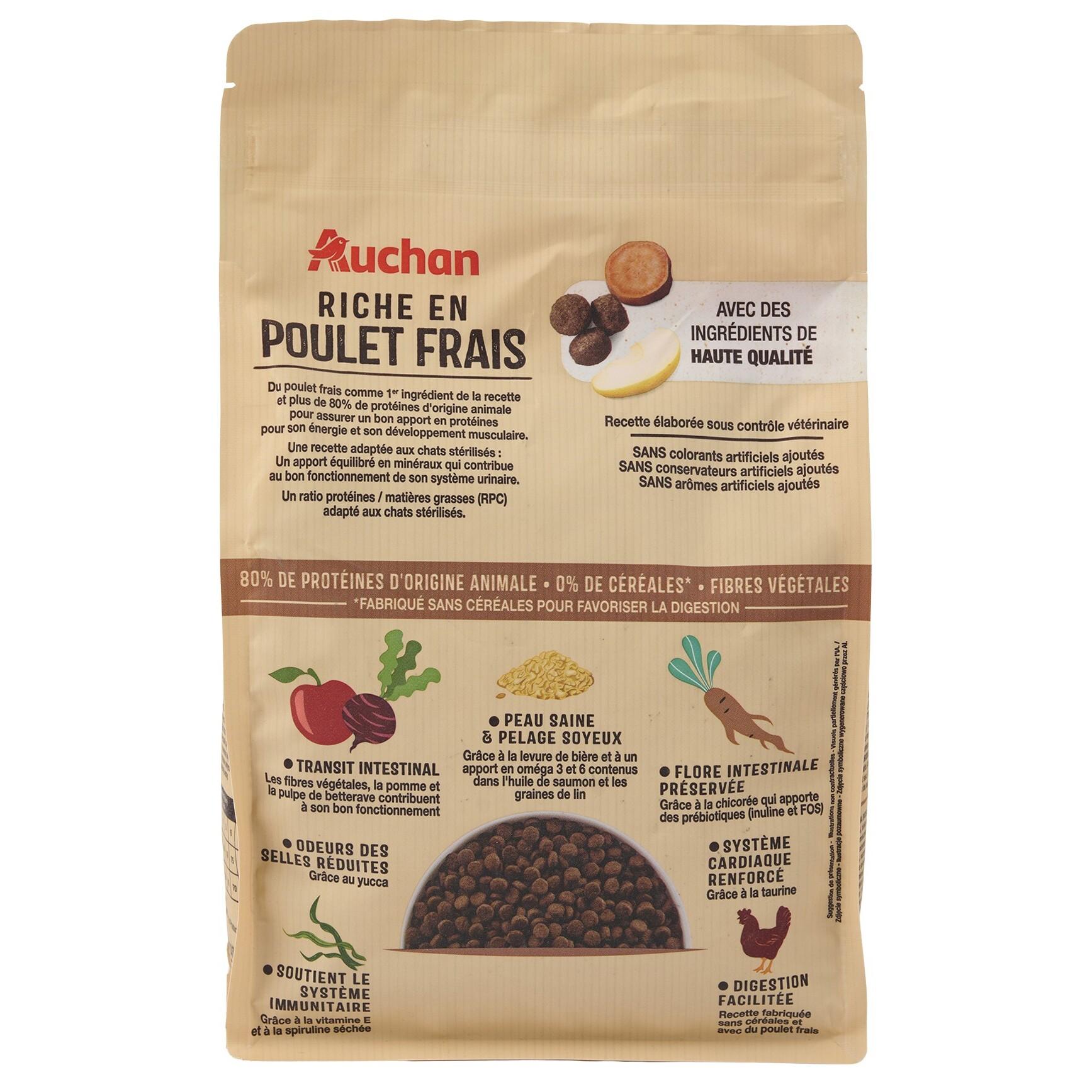 Voir la diapositive 3 : AUCHAN Croquettes au poulet frais sans céréales pour chat senior 1.5kg