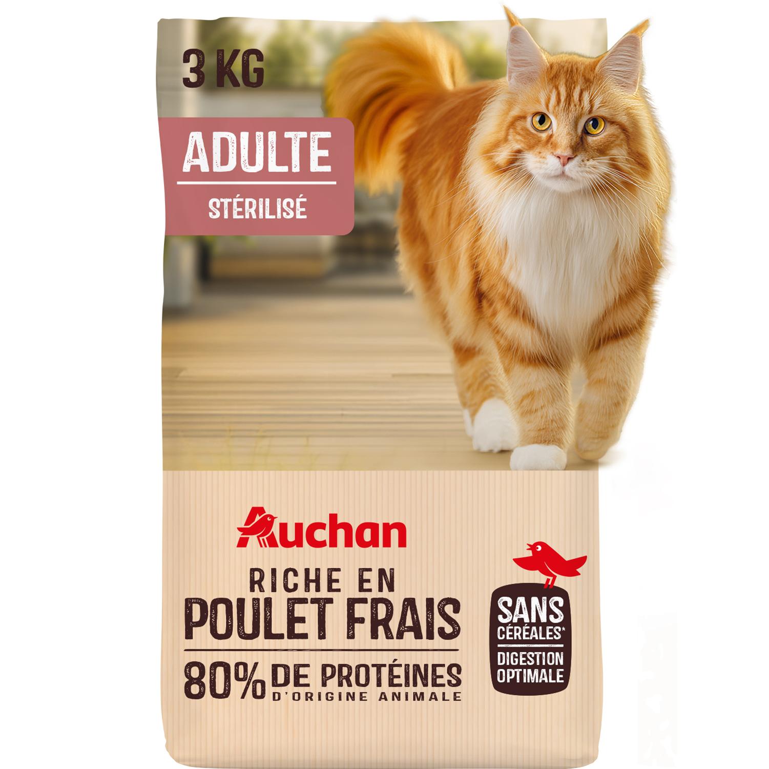 AUCHAN Croquettes au poulet frais sans céréales pour chat stérilisé 3kg