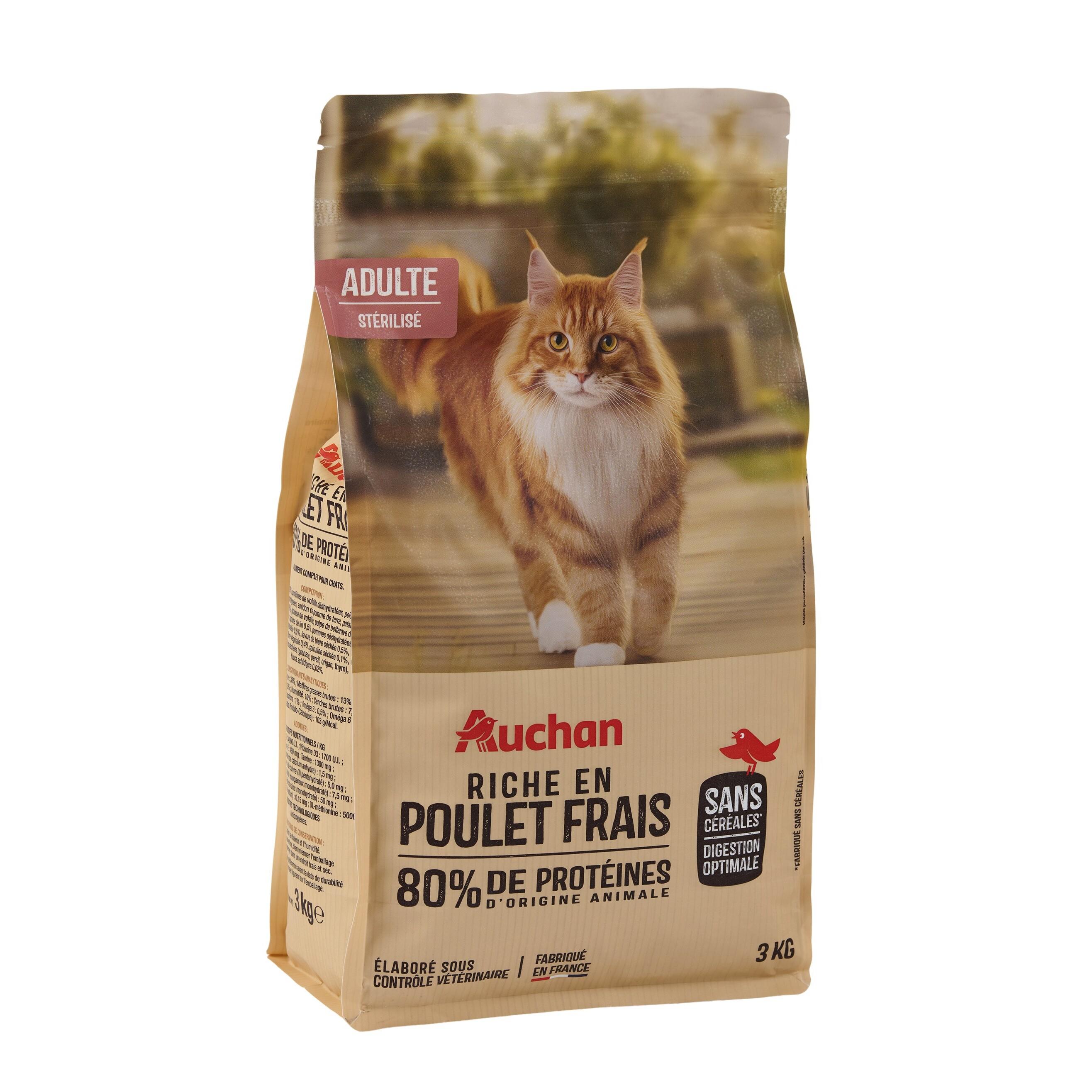 Voir la diapositive 3 : AUCHAN Croquettes au poulet frais sans céréales pour chat stérilisé 3kg