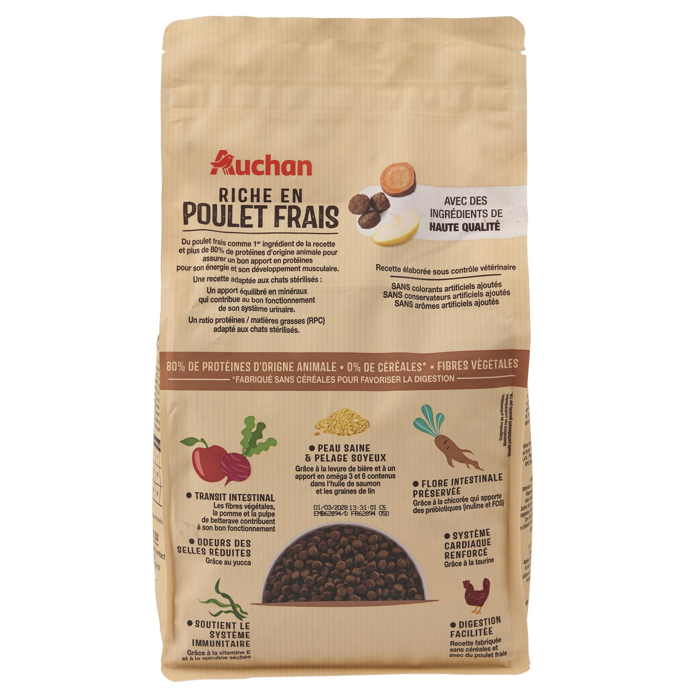 Voir la diapositive 4 : AUCHAN Croquettes au poulet frais sans céréales pour chat stérilisé 3kg