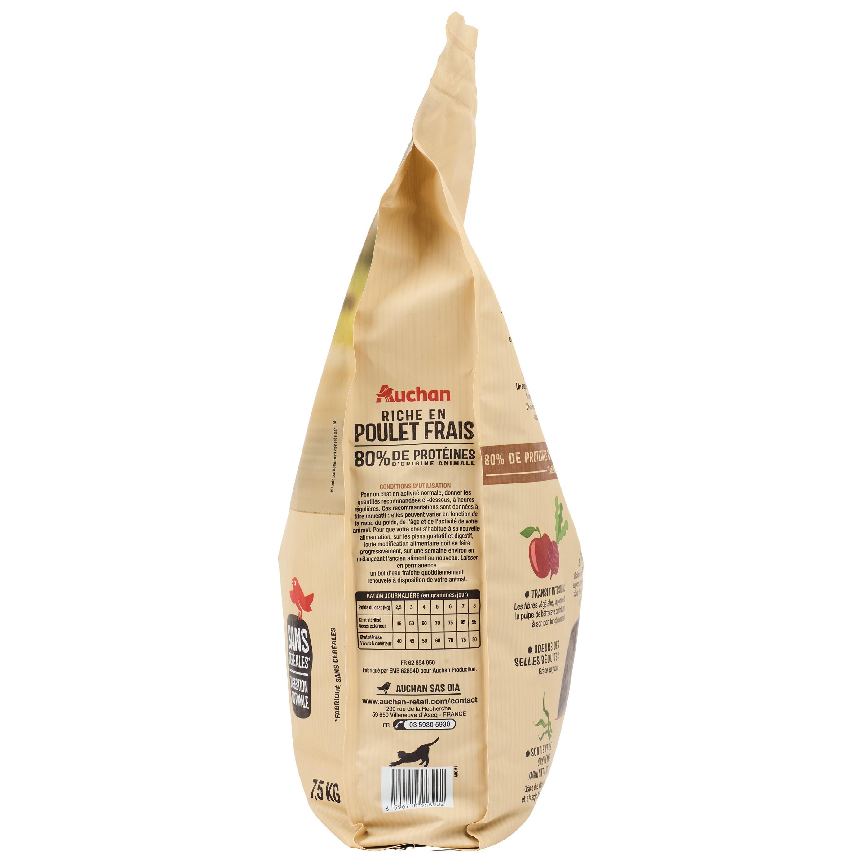 Voir la diapositive 3 : AUCHAN Croquettes au poulet frais sans céréales pour chat stérilisé 7.5kg