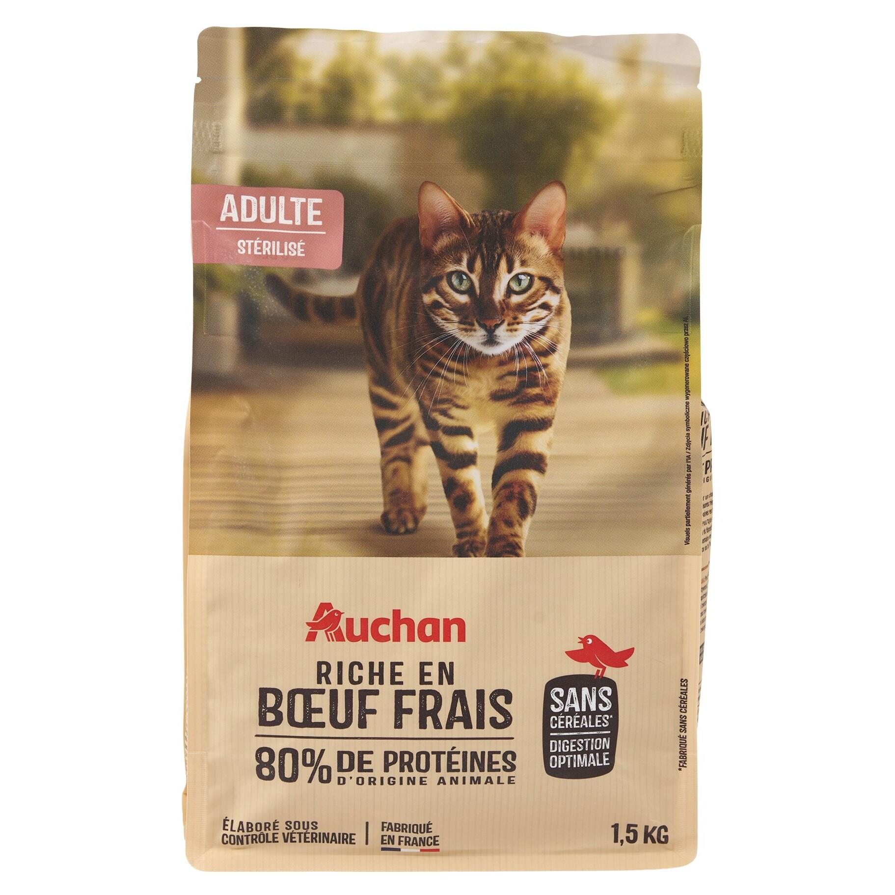 AUCHAN Croquettes au boeuf sans céréales pour chat stérilisé 1.5kg
