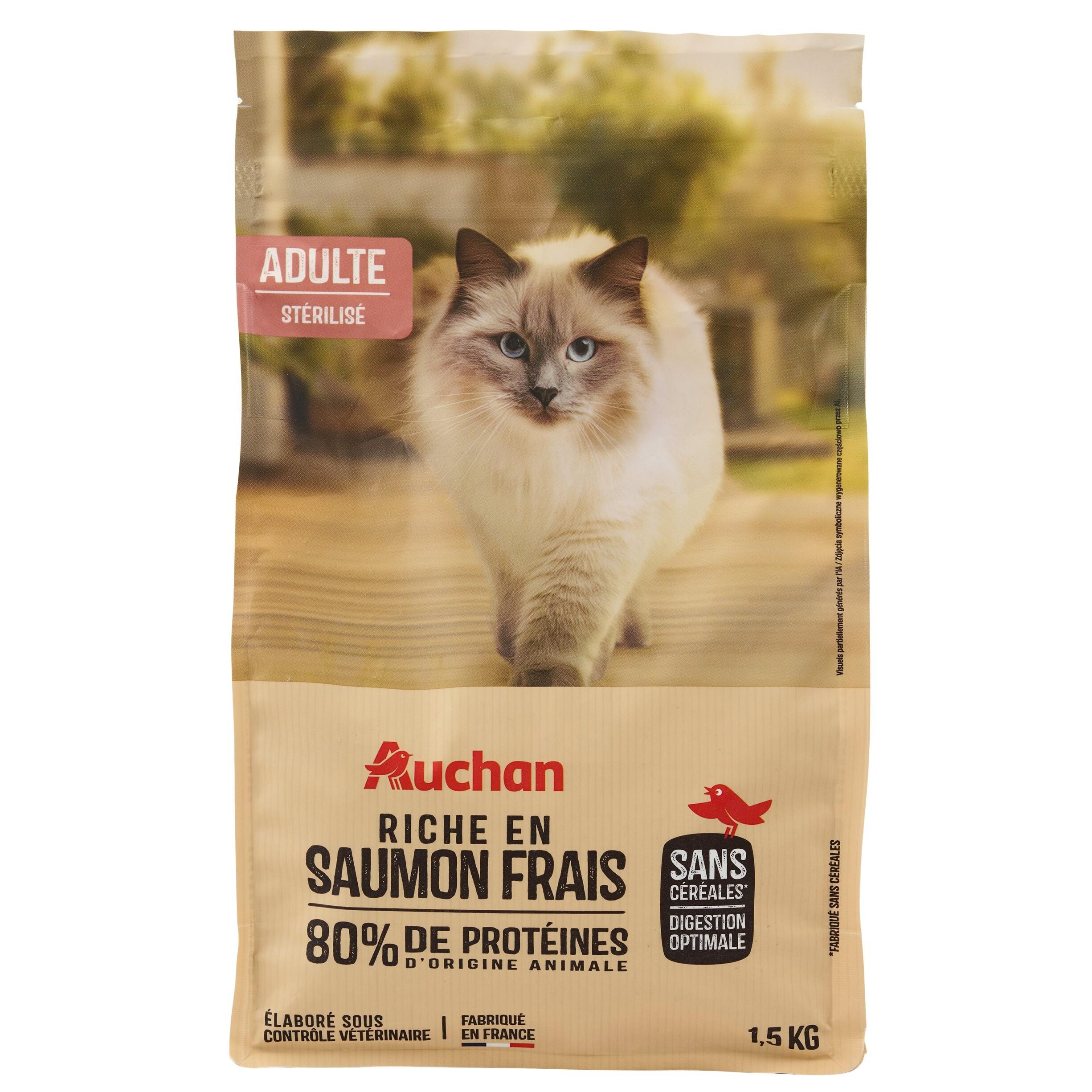 AUCHAN Croquettes au saumon sans céréales pour chat stérilisé 1.5kg