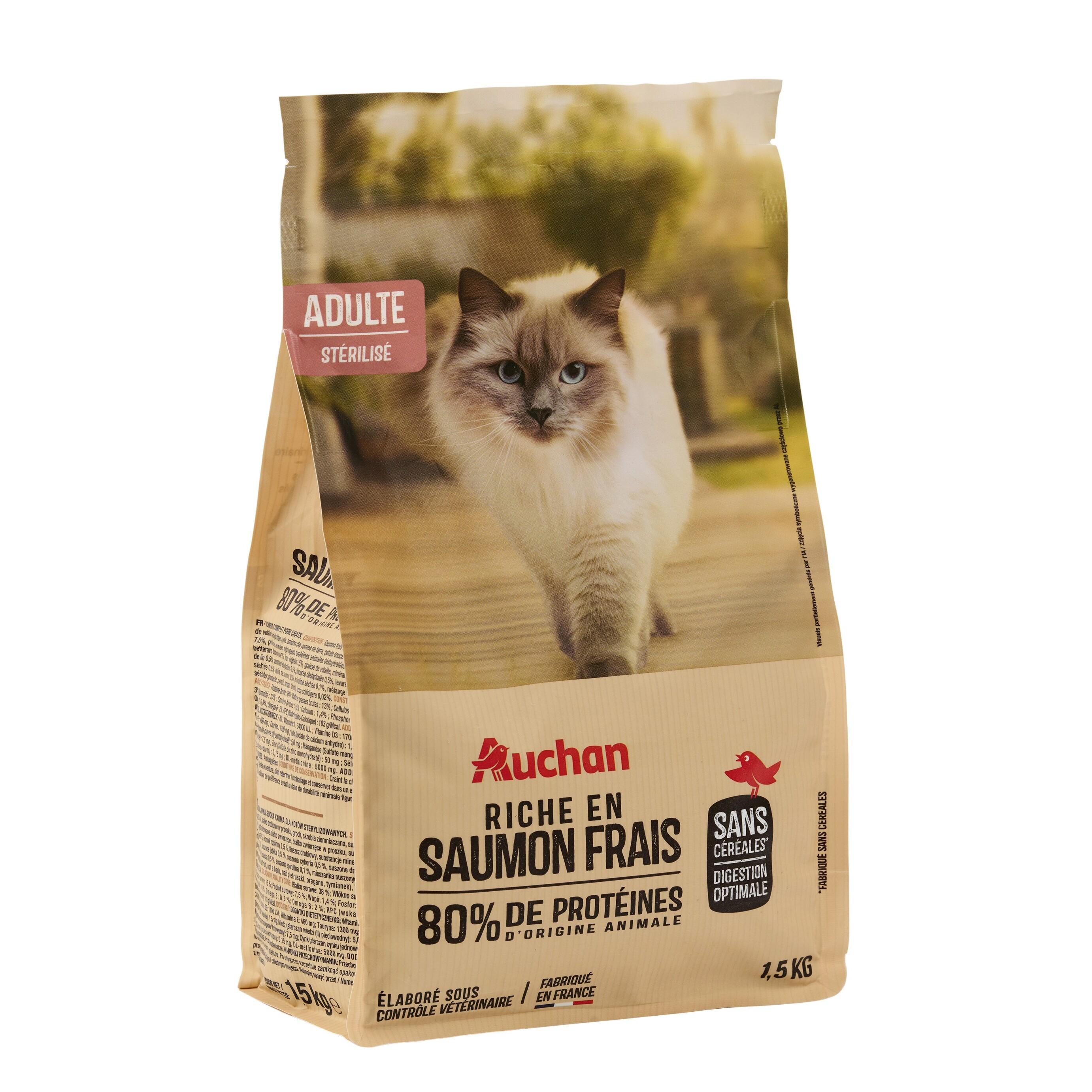 Voir la diapositive 2 : AUCHAN Croquettes au saumon sans céréales pour chat stérilisé 1.5kg