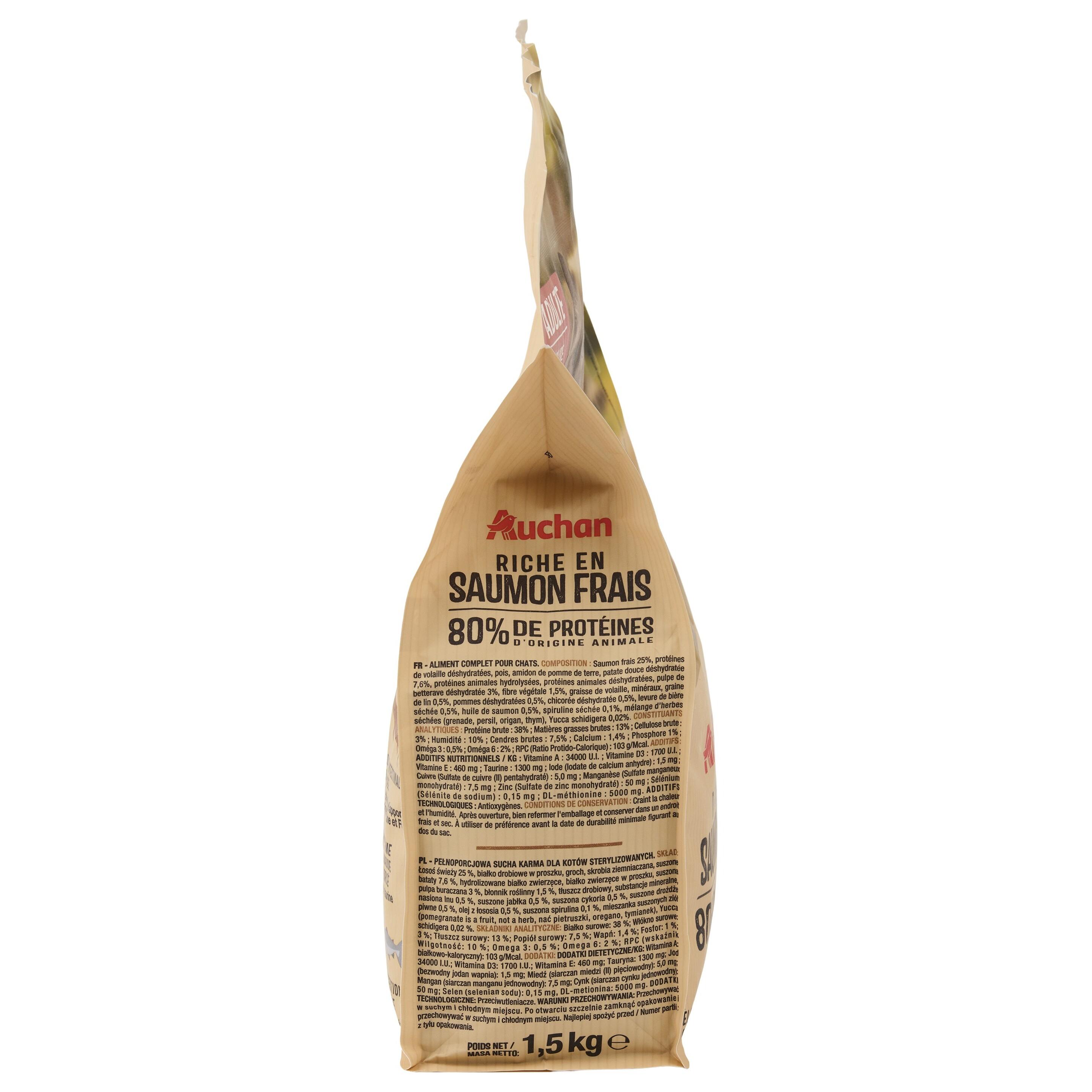 Voir la diapositive 4 : AUCHAN Croquettes au saumon sans céréales pour chat stérilisé 1.5kg
