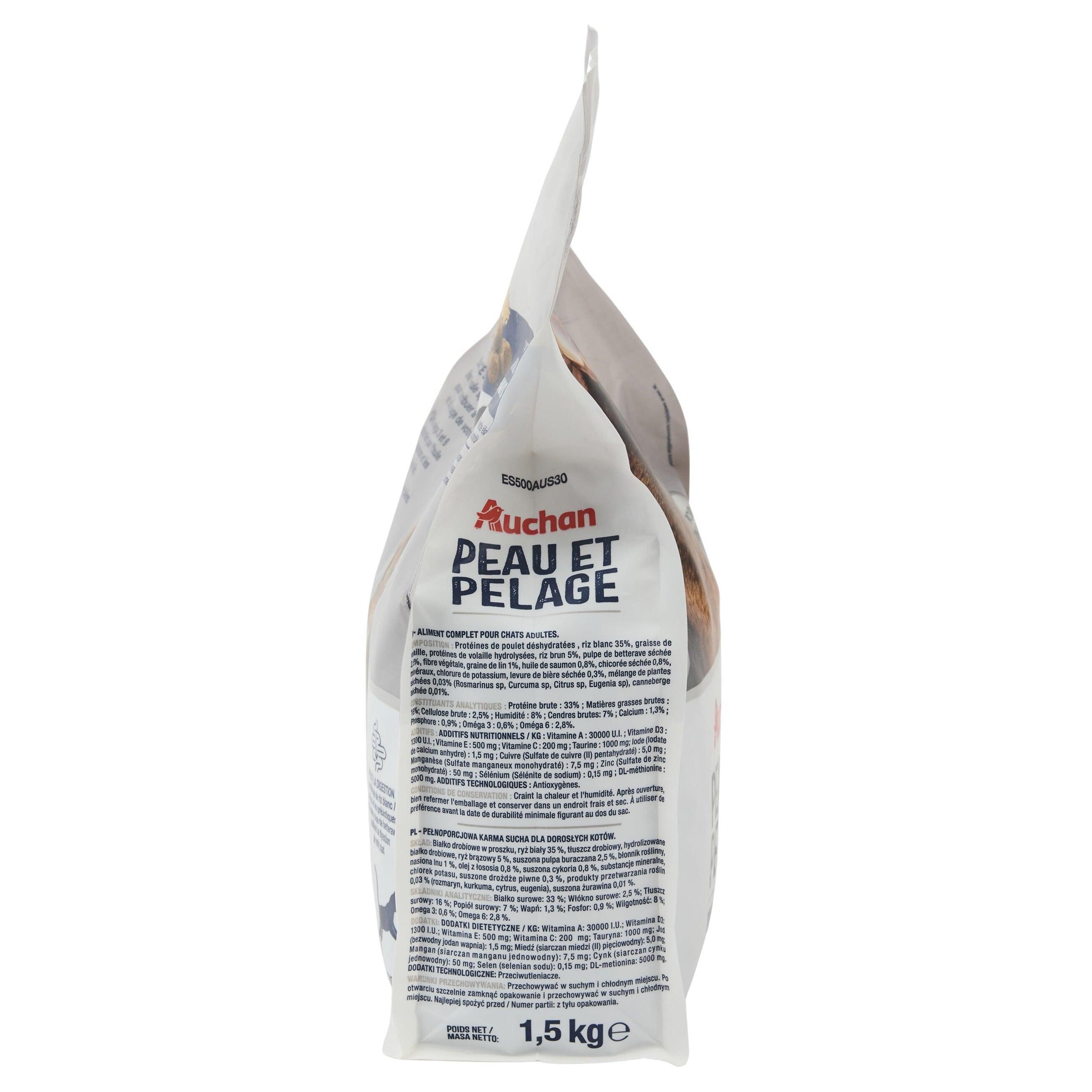 Voir la diapositive 2 : AUCHAN Croquettes peau et pelage pour chat 1.5kg