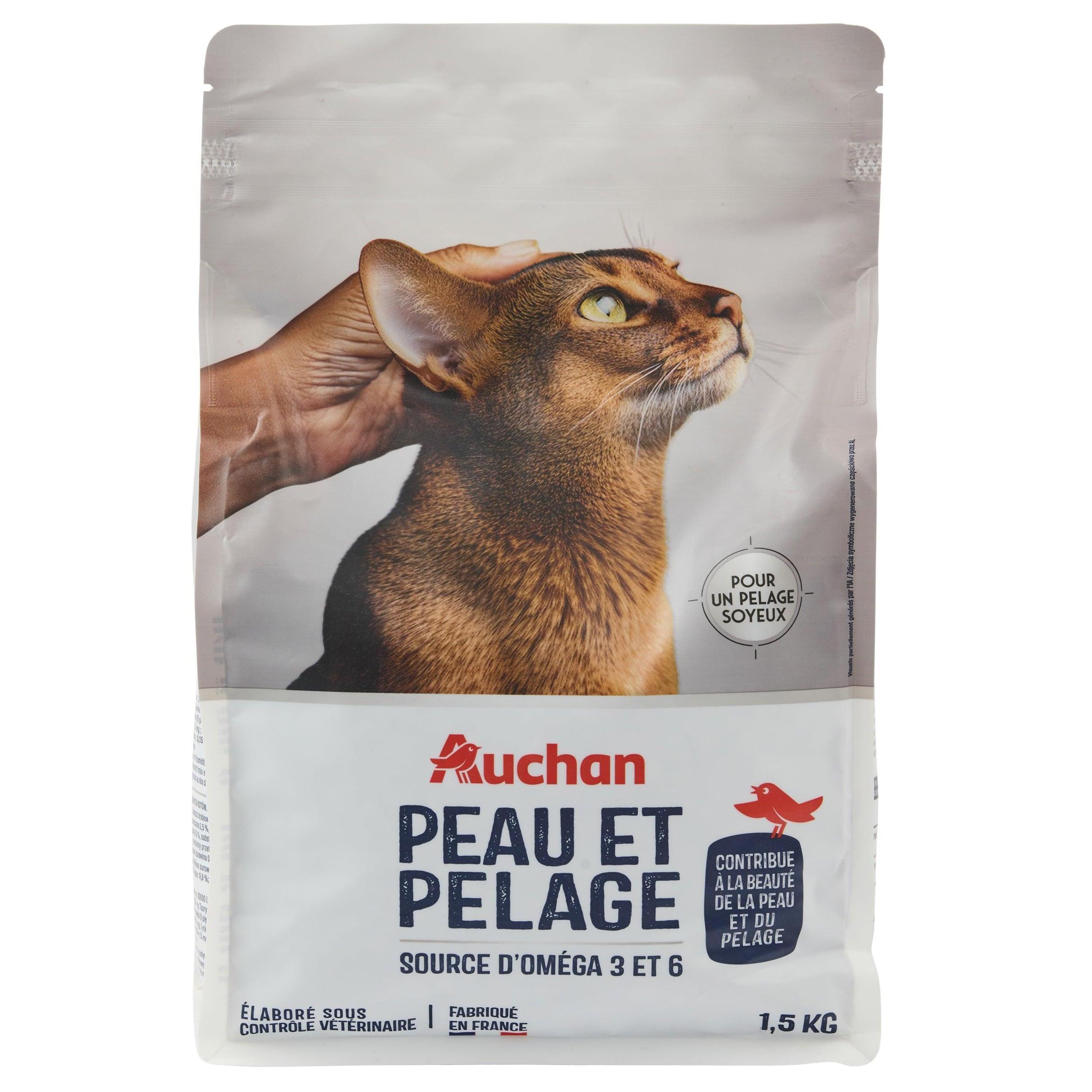 Voir la diapositive 3 : AUCHAN Croquettes peau et pelage pour chat 1.5kg