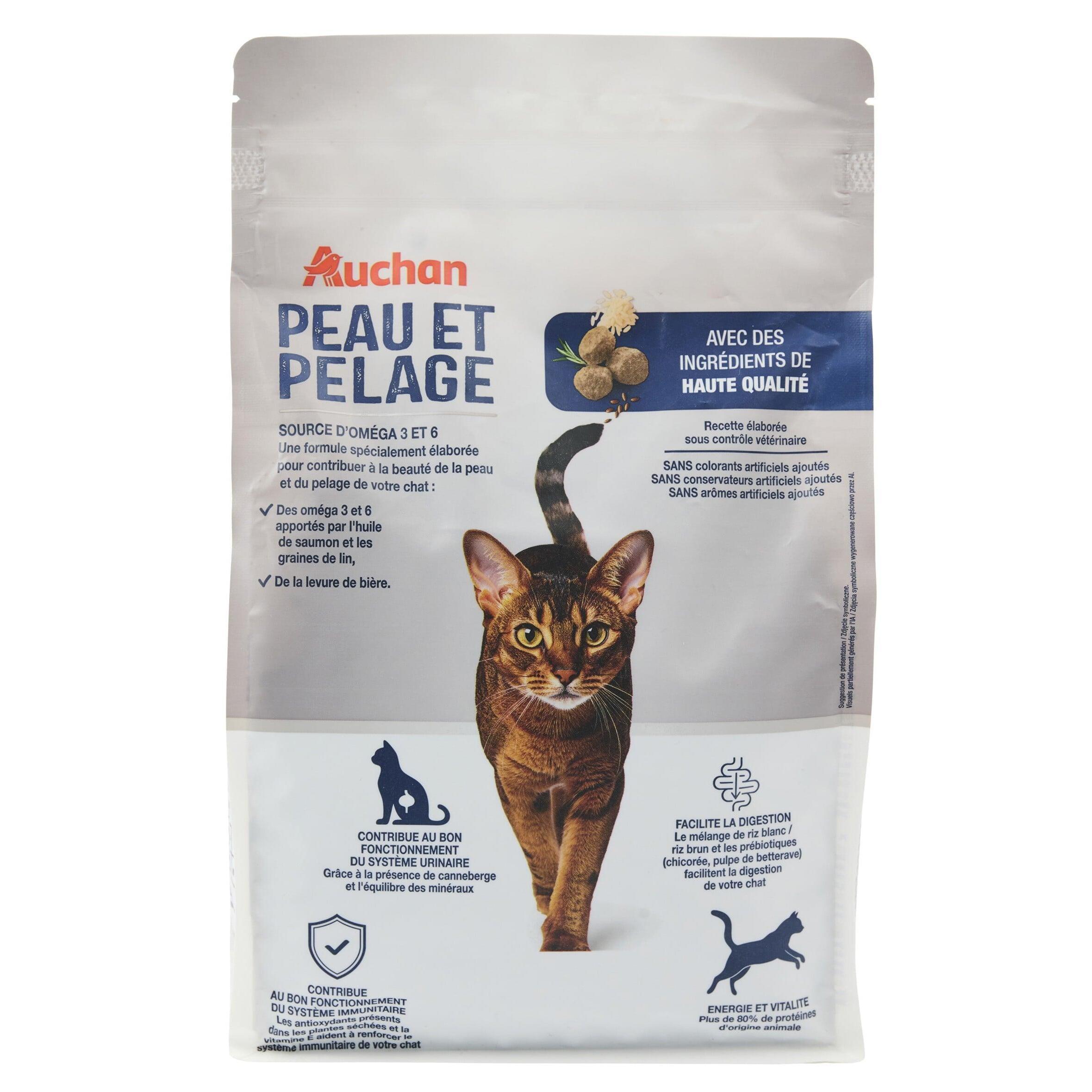 Voir la diapositive 6 : AUCHAN Croquettes peau et pelage pour chat 1.5kg