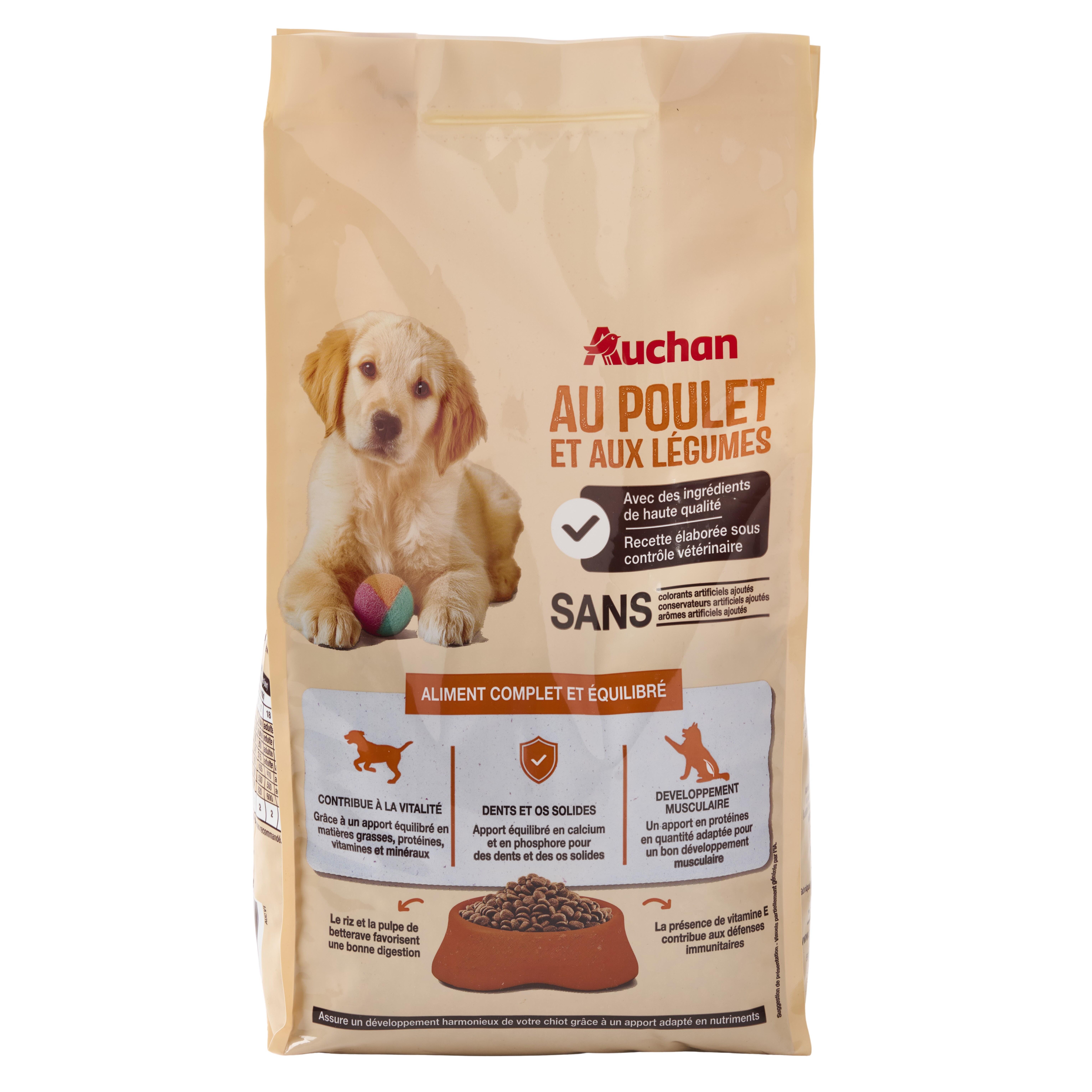 Voir la diapositive 2 : AUCHAN Croquettes au poulet et aux légumes pour chiot 3kg