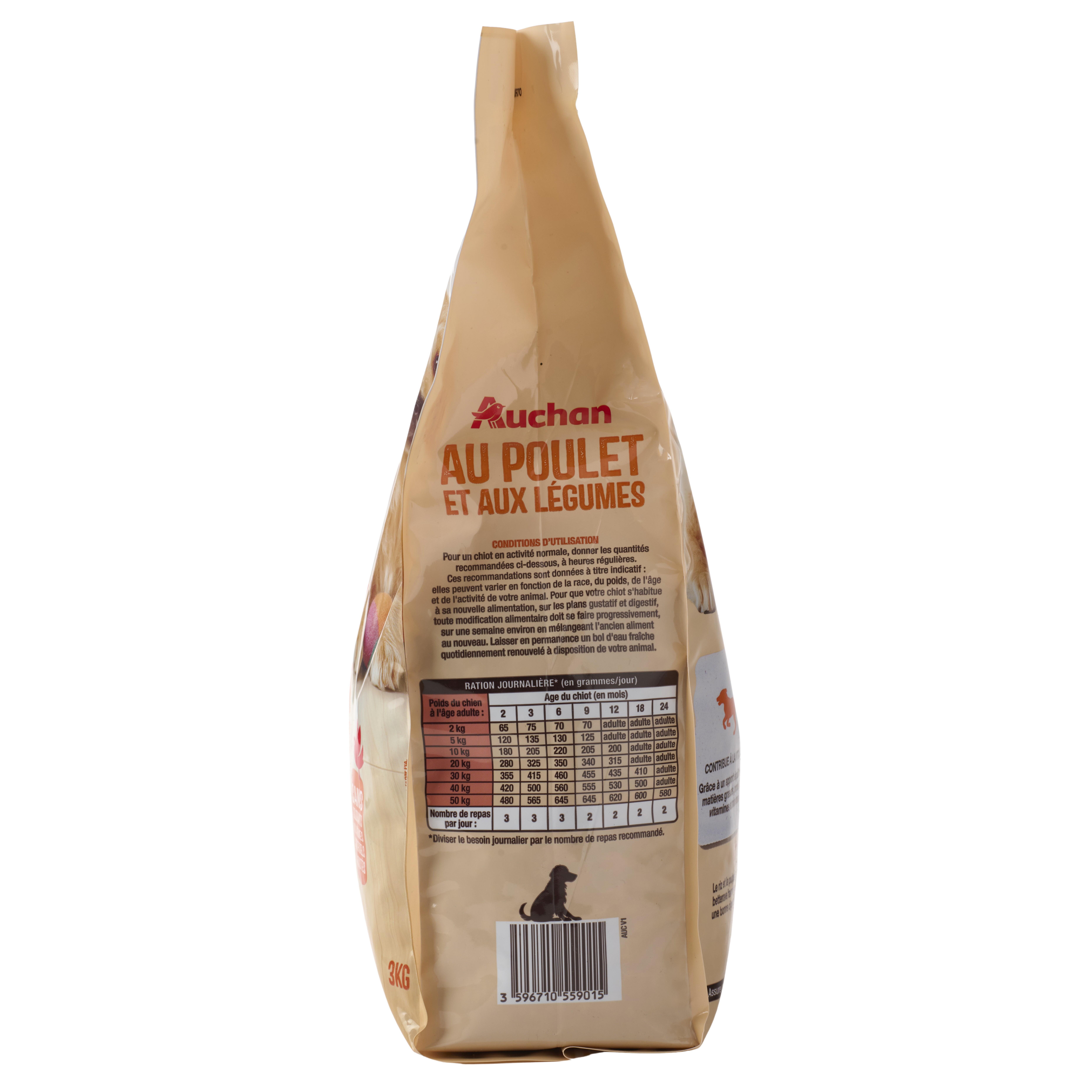 Voir la diapositive 4 : AUCHAN Croquettes au poulet et aux légumes pour chiot 3kg
