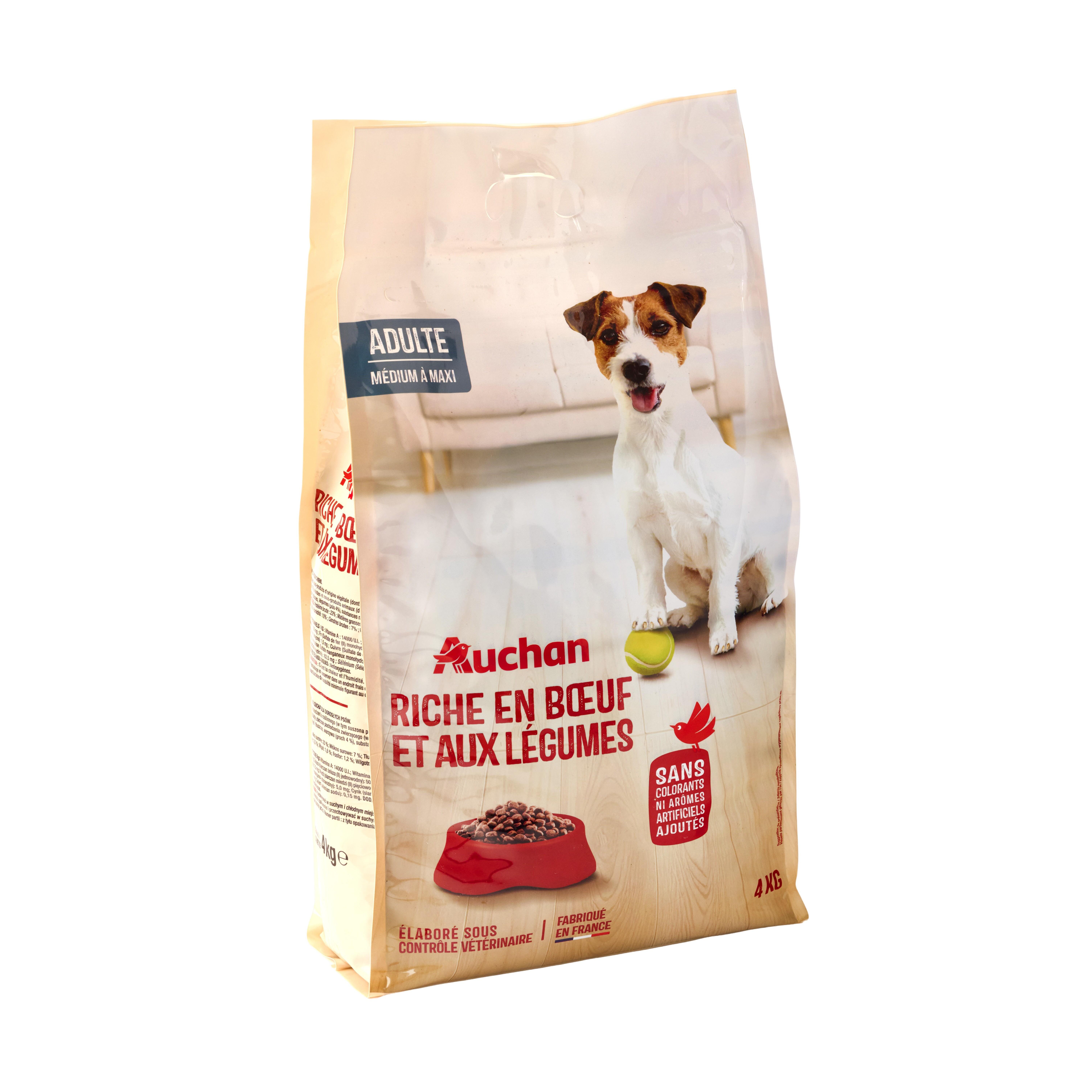 Voir la diapositive 4 : AUCHAN Croquettes au boeuf et aux légumes pour chien médium à maxi 4kg