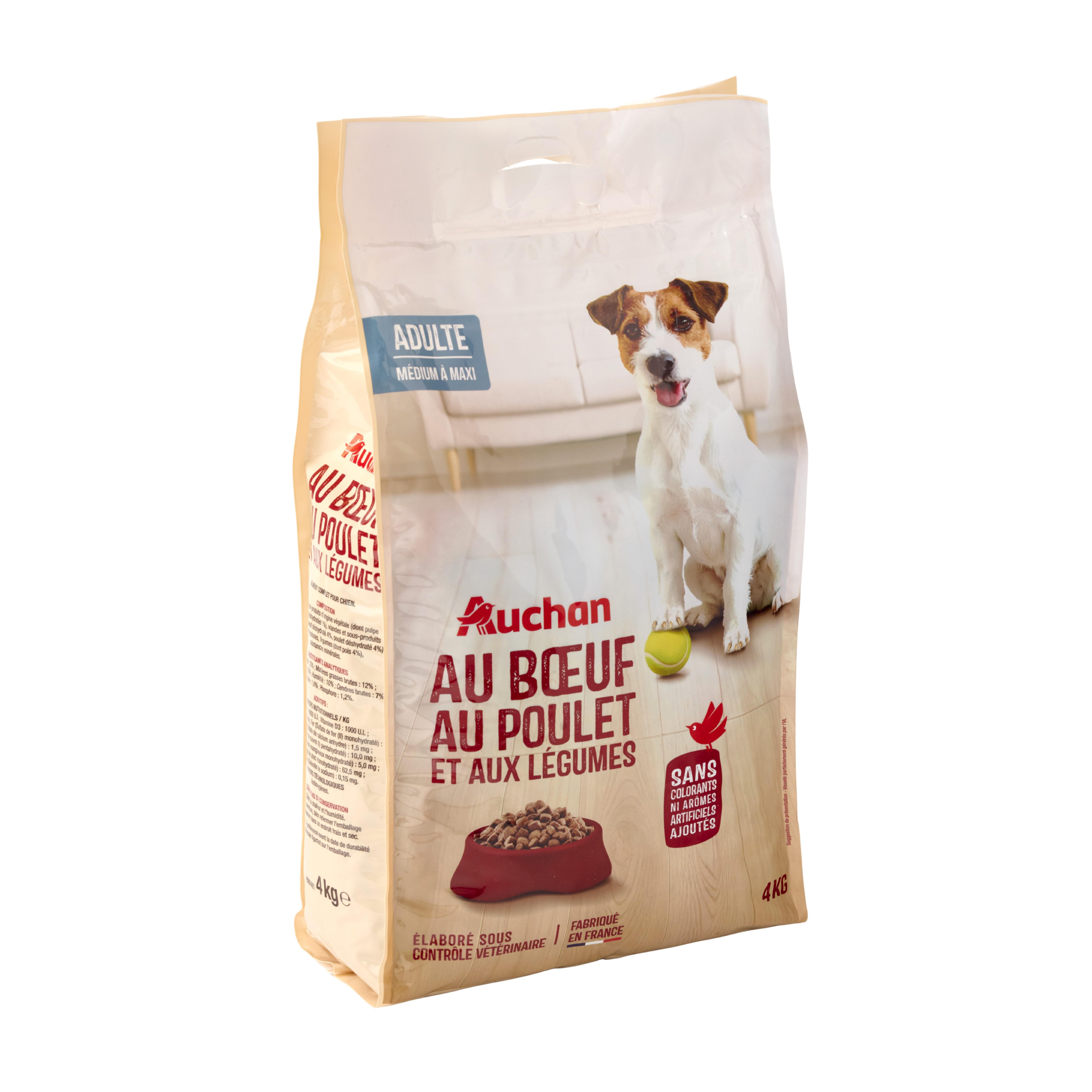 Voir la diapositive 2 : AUCHAN Croquettes au boeuf au poulet et aux légumes pour moyen et grand chien 4kg