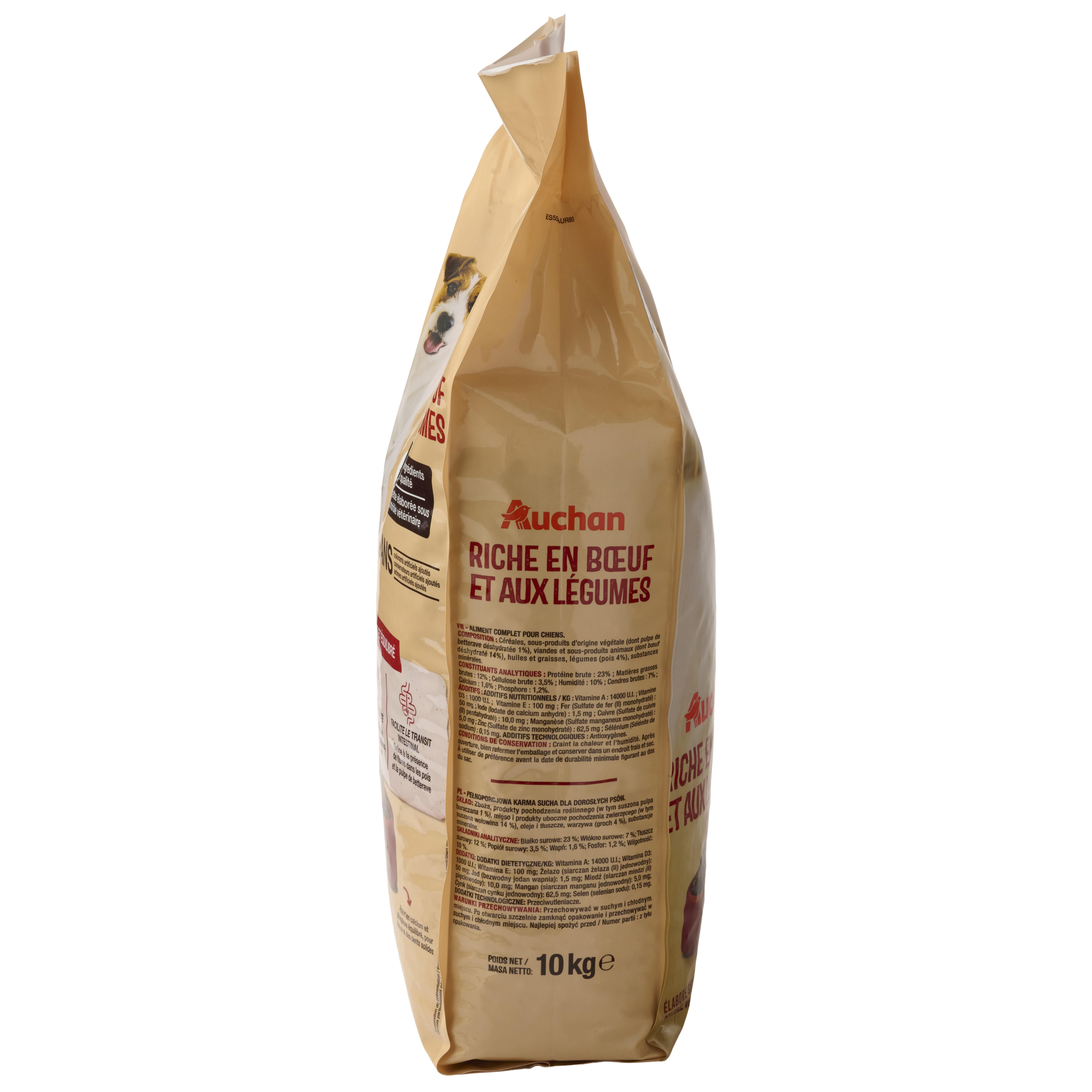 Voir la diapositive 2 : AUCHAN Croquettes au boeuf et aux légumes pour moyen et grand chien 10kg