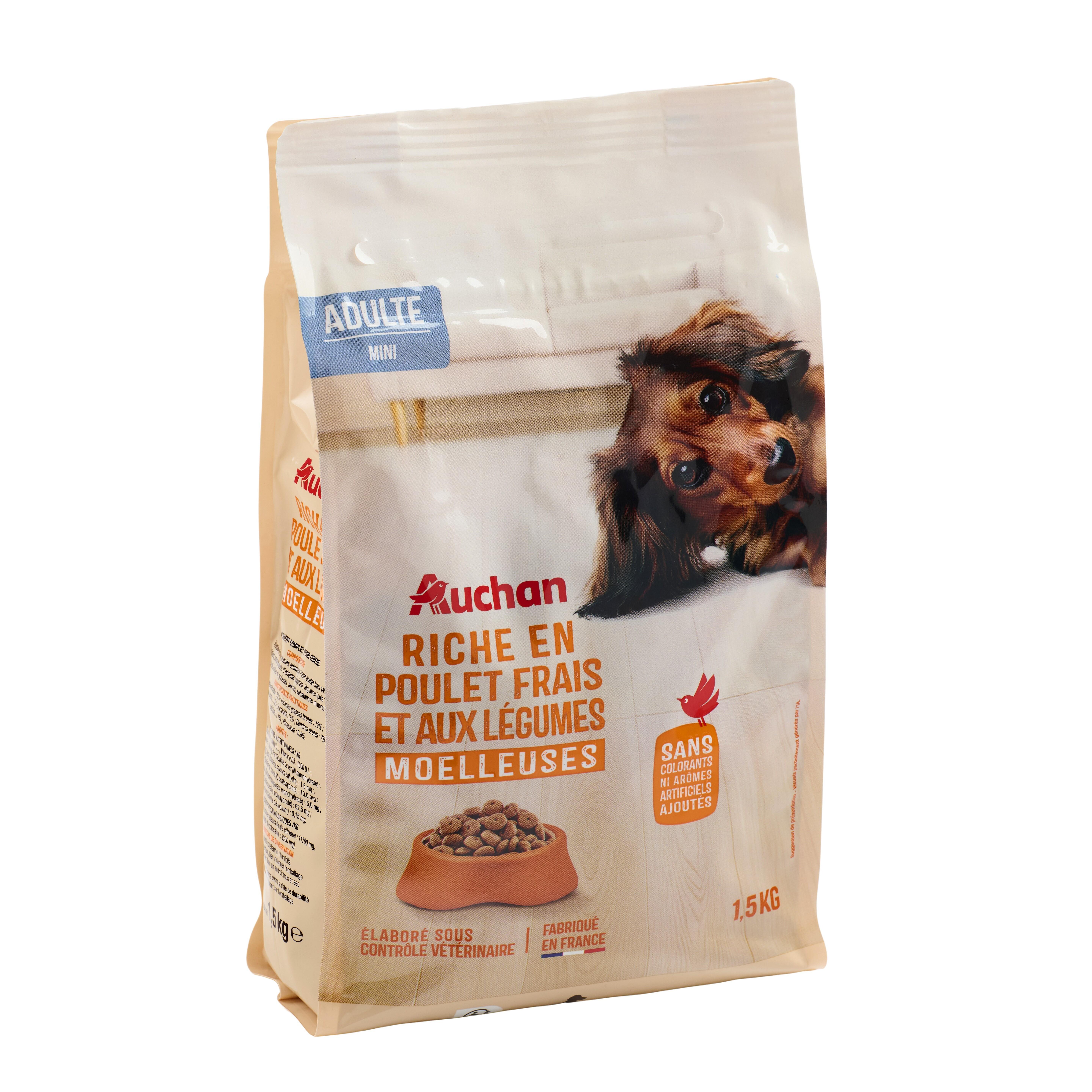 Voir la diapositive 3 : AUCHAN Croquettes moelleuses au poulet frais et aux légumes pour petit chien 1.5kg