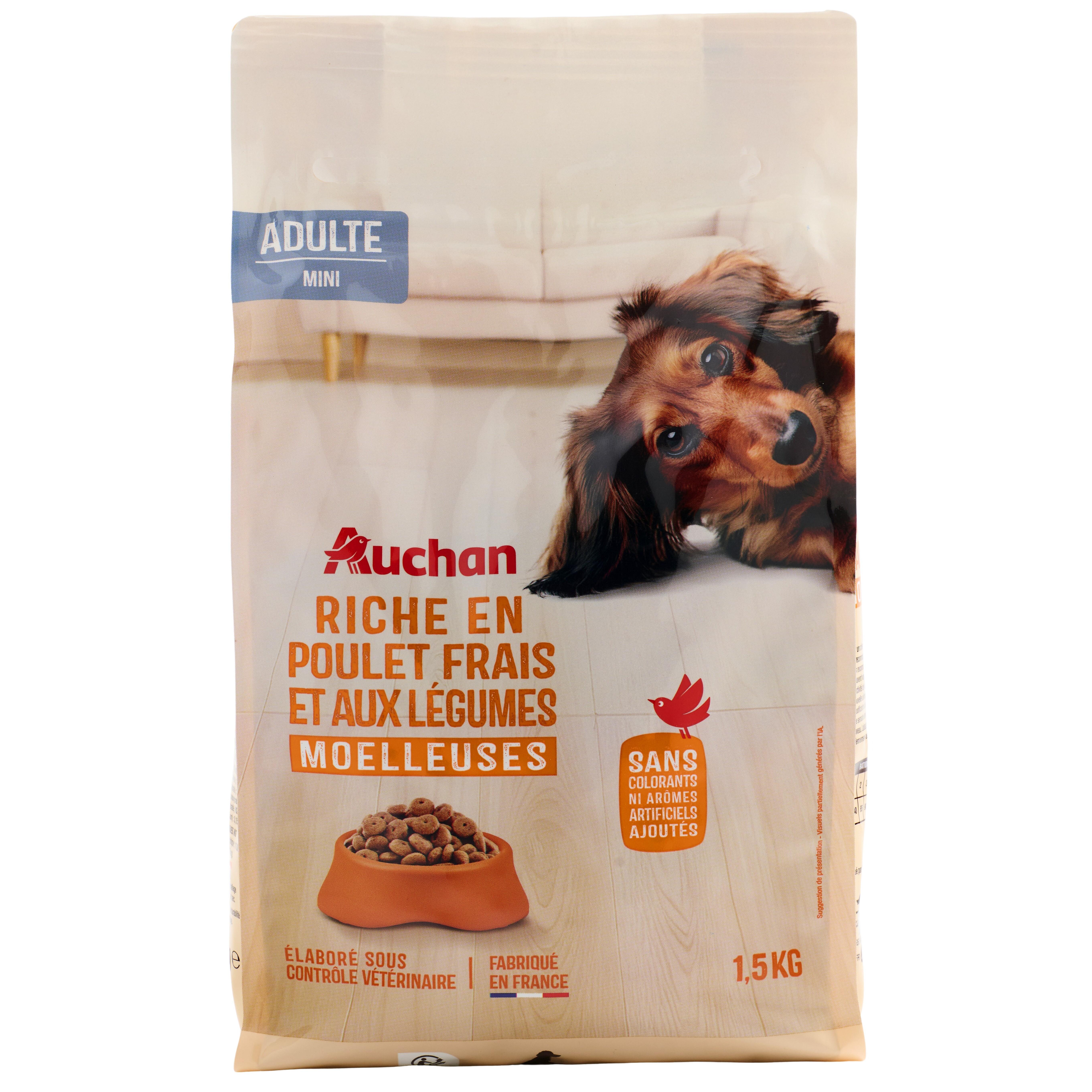 Voir la diapositive 4 : AUCHAN Croquettes moelleuses au poulet frais et aux légumes pour petit chien 1.5kg
