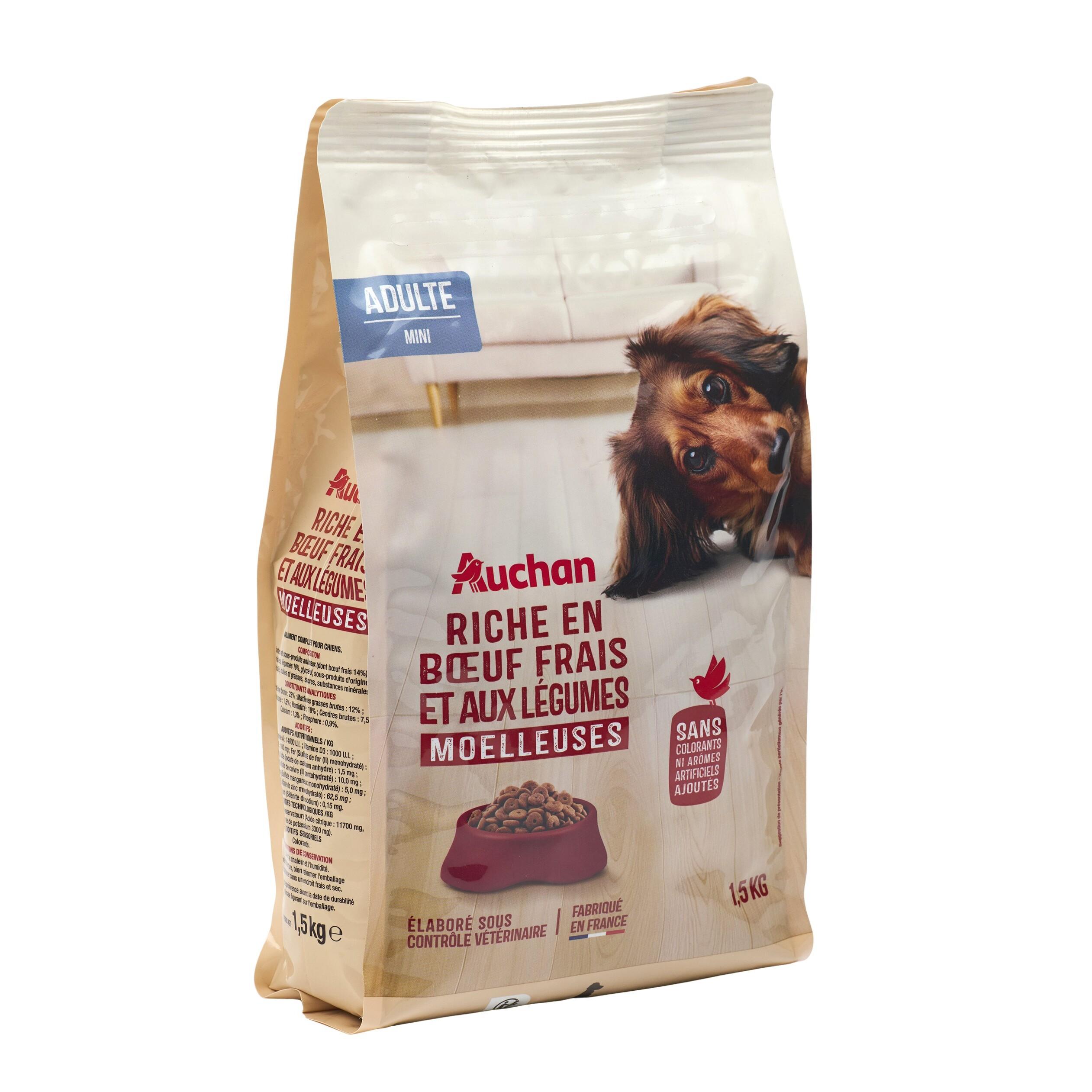 Voir la diapositive 2 : AUCHAN Croquettes moelleuses au boeuf frais et aux légumes pour petit chien 1.5kg