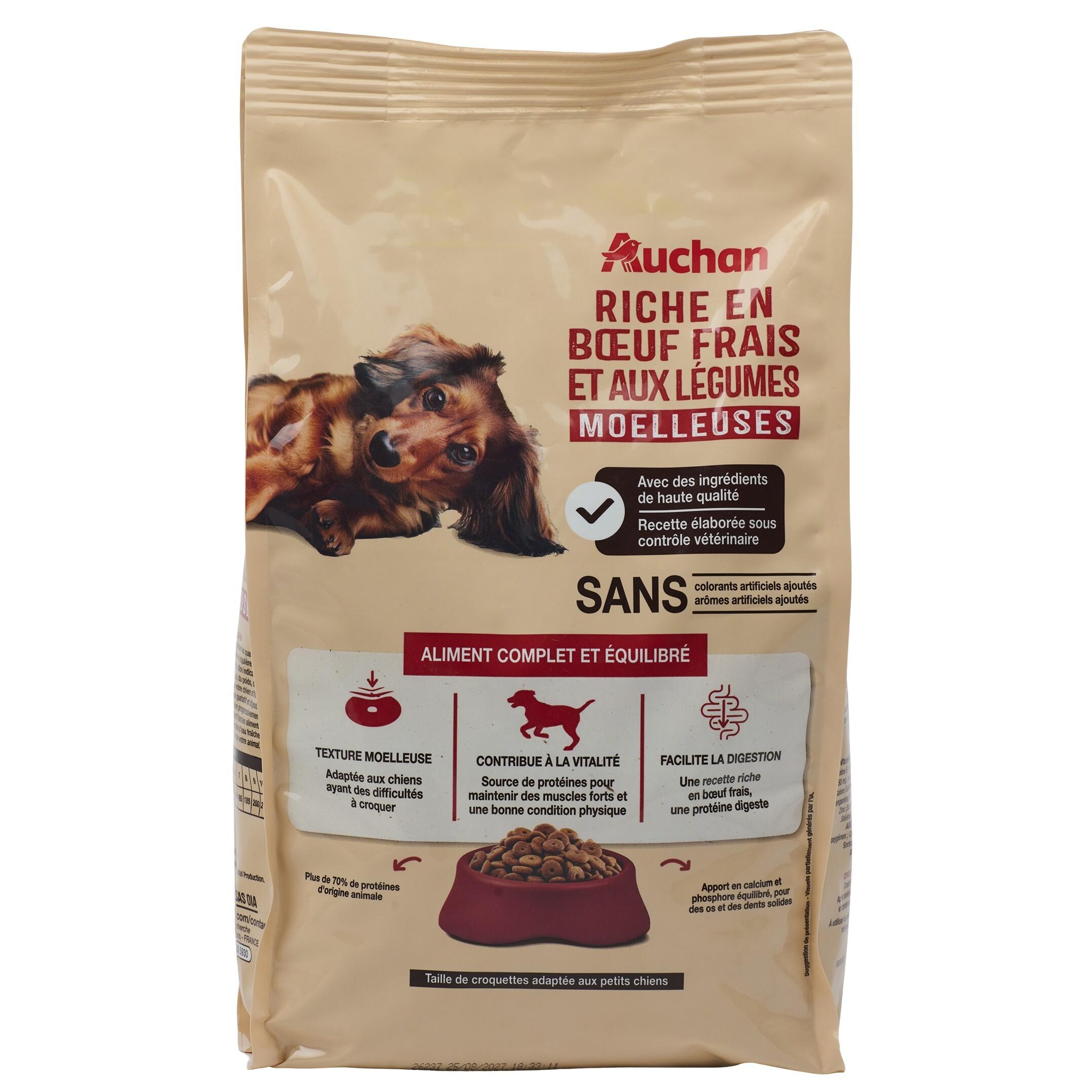 Voir la diapositive 6 : AUCHAN Croquettes moelleuses au boeuf frais et aux légumes pour petit chien 1.5kg