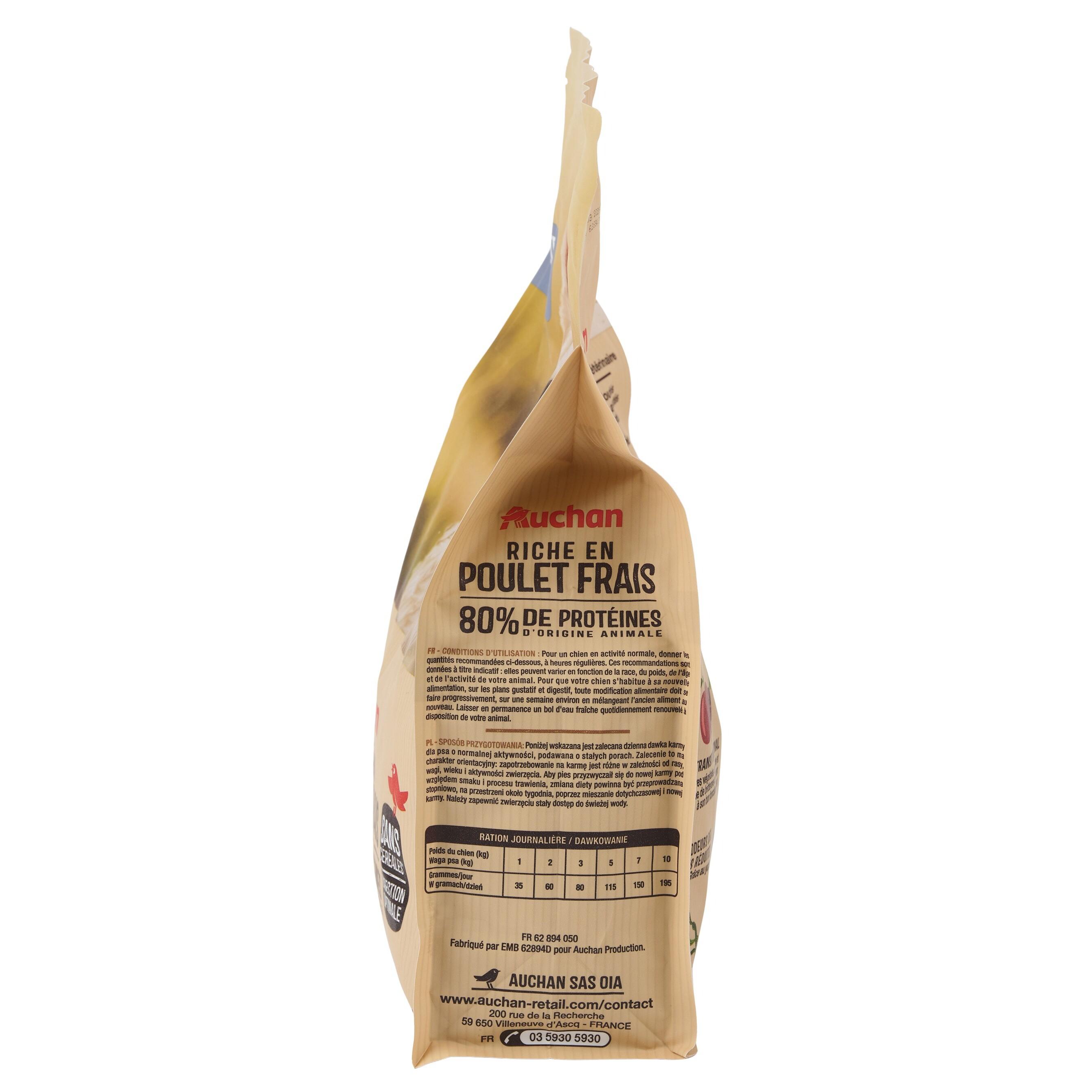 Voir la diapositive 2 : AUCHAN Croquettes au poulet frais sans céréales pour petit chien 1.25kg