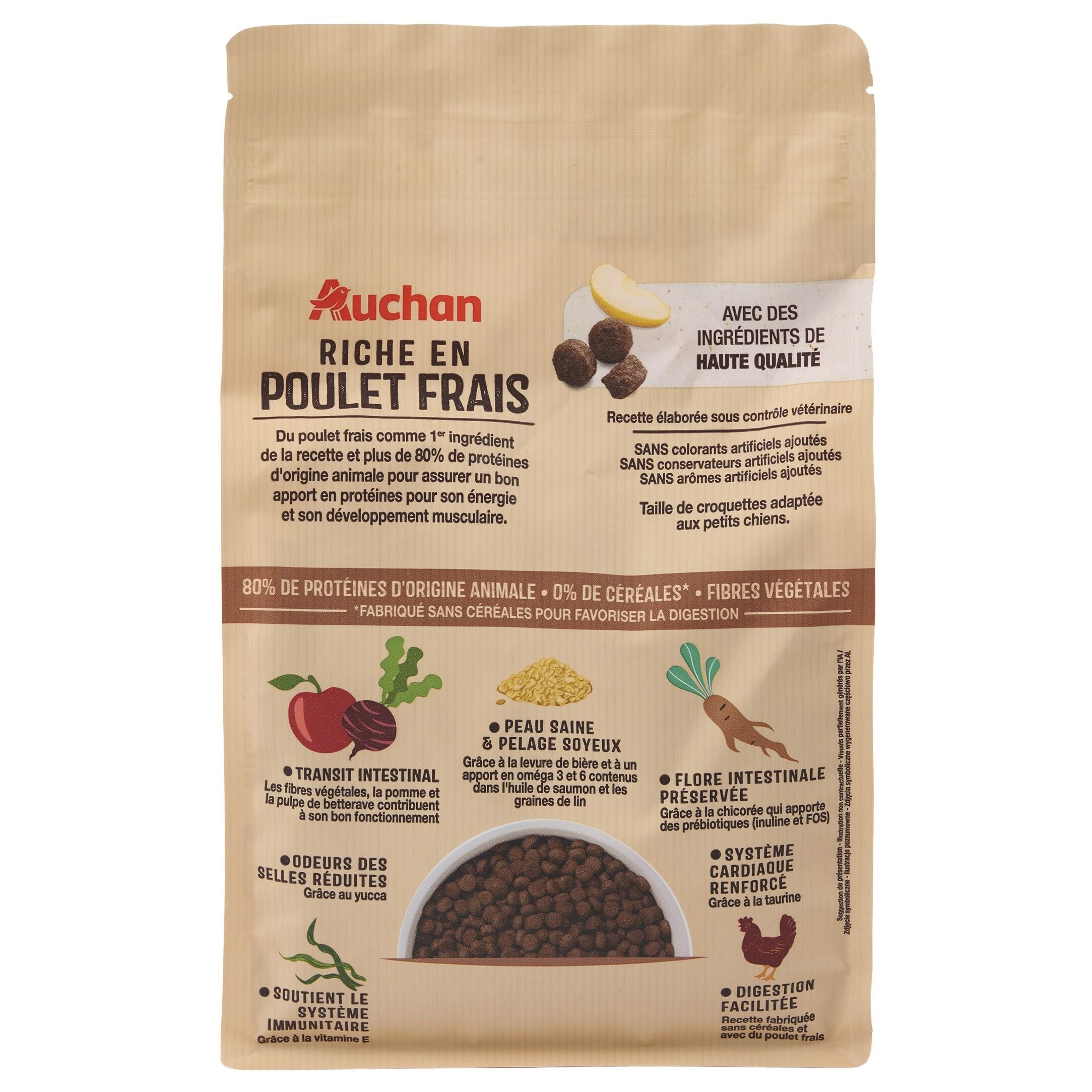 Voir la diapositive 3 : AUCHAN Croquettes au poulet frais sans céréales pour petit chien 1.25kg