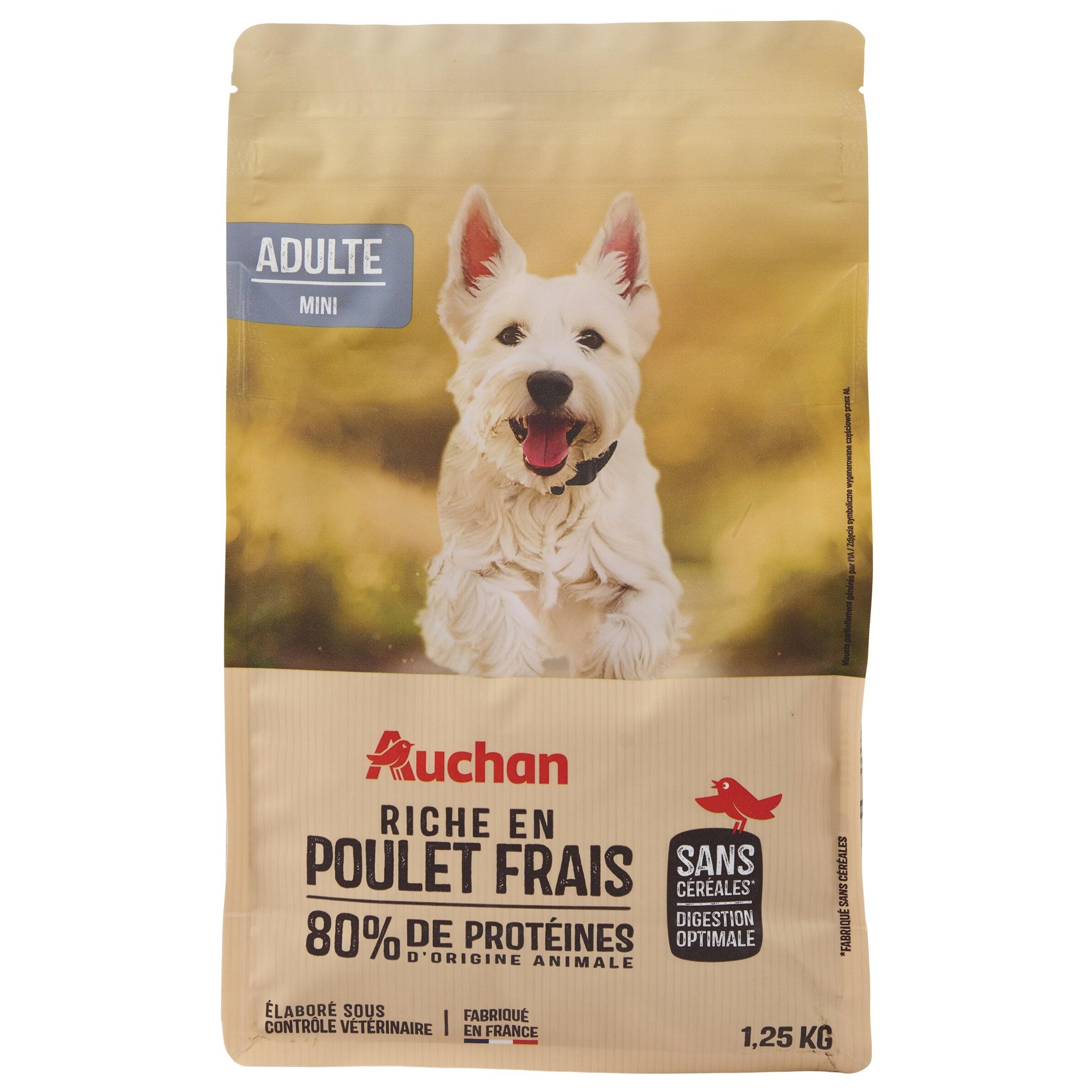 Voir la diapositive 4 : AUCHAN Croquettes au poulet frais sans céréales pour petit chien 1.25kg