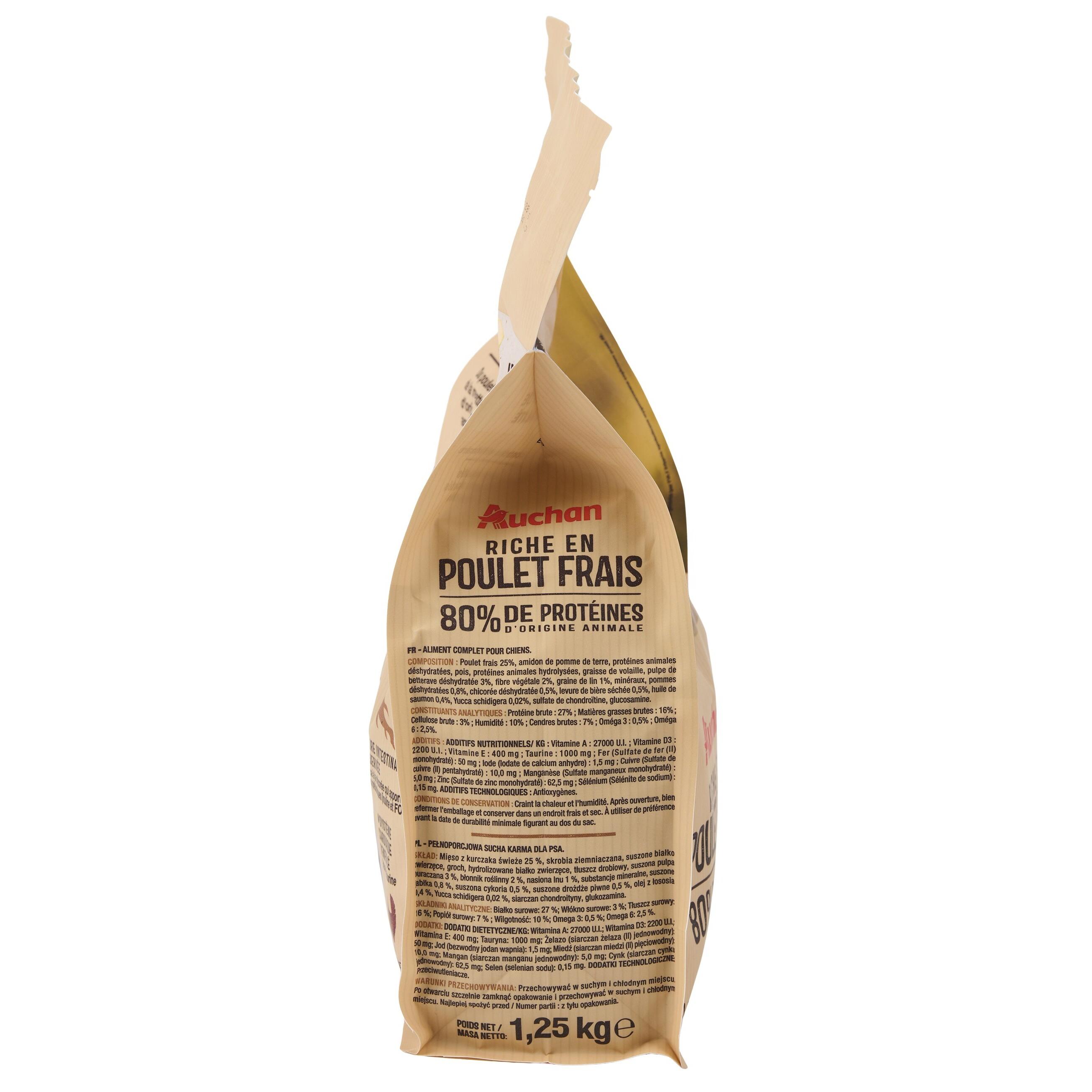 Voir la diapositive 5 : AUCHAN Croquettes au poulet frais sans céréales pour petit chien 1.25kg