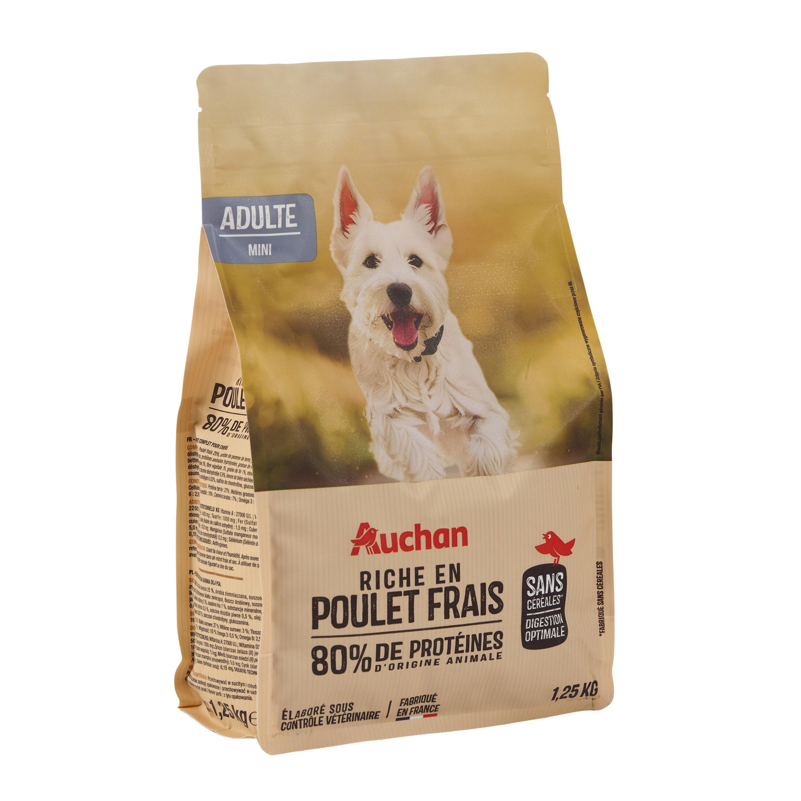 Voir la diapositive 6 : AUCHAN Croquettes au poulet frais sans céréales pour petit chien 1.25kg