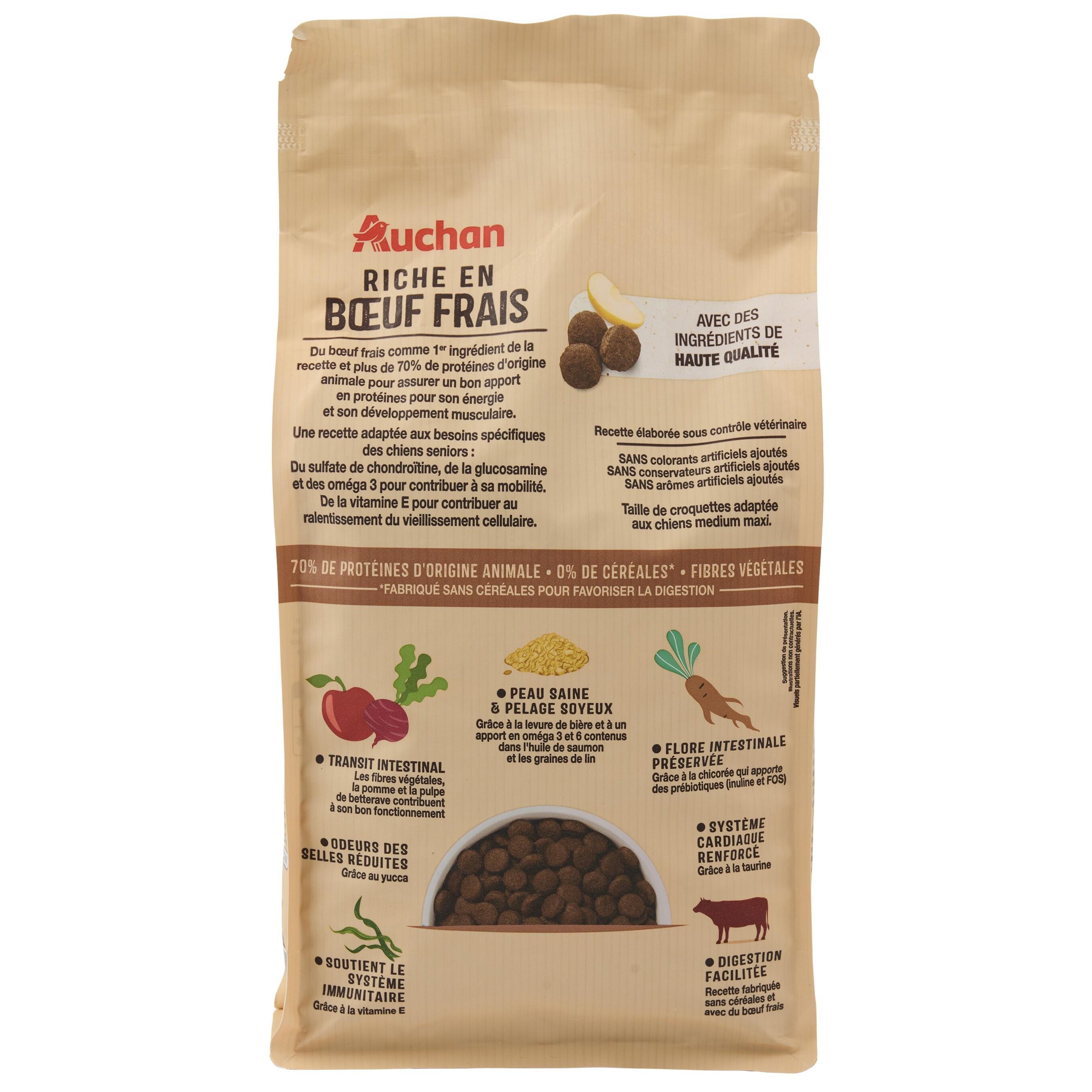 Voir la diapositive 4 : AUCHAN Croquettes medium maxi au boeuf frais sans céréales pour chien senior 2kg