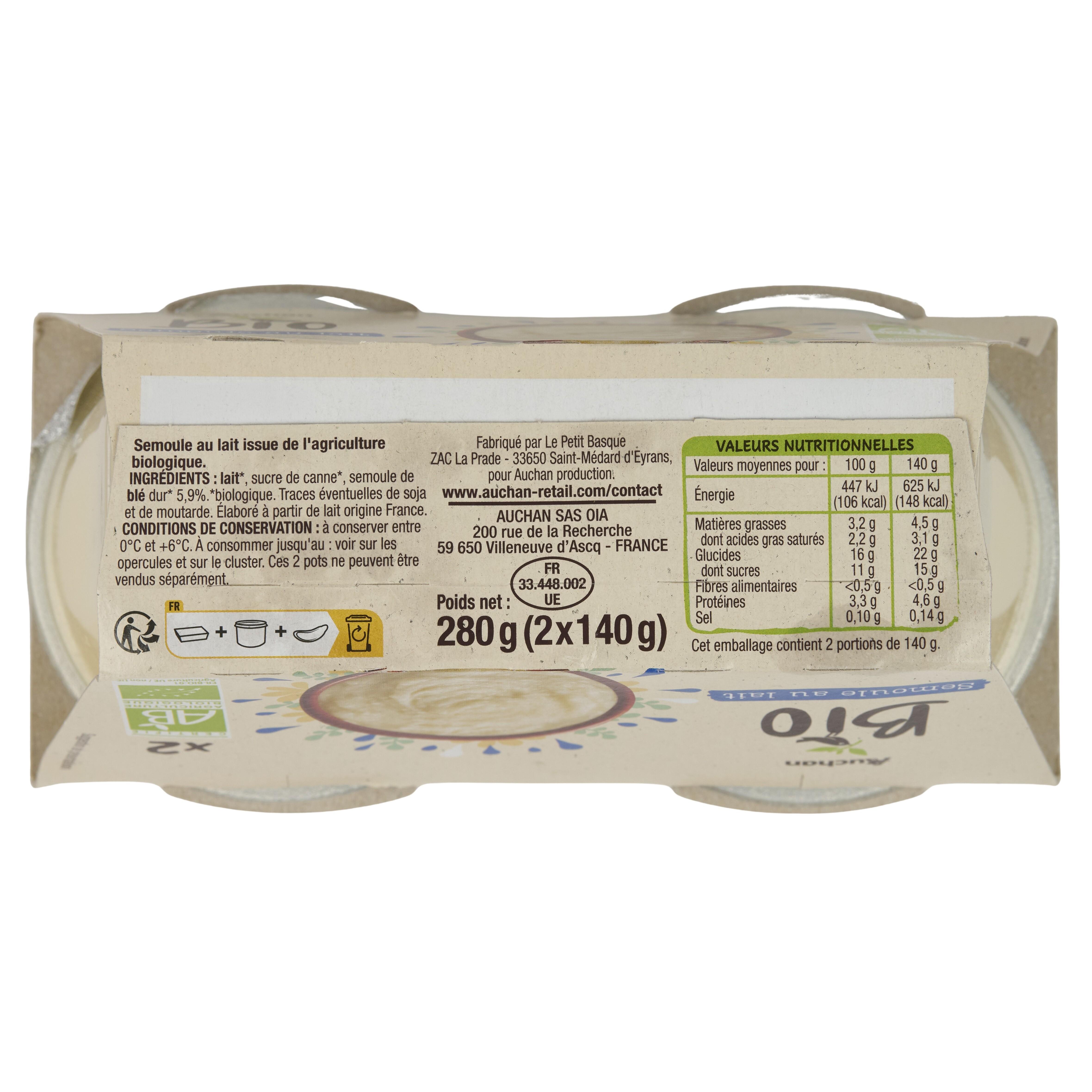 Voir la diapositive 3 : AUCHAN BIO Semoule au lait 2x140g