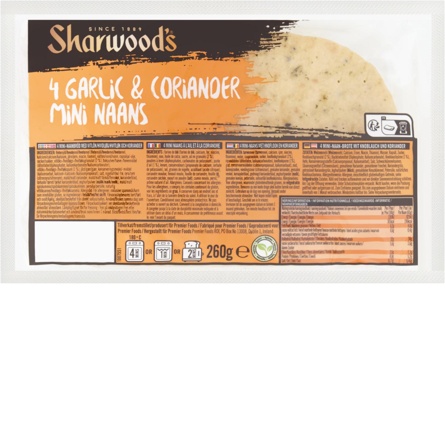SHARWOOD'S Mini naans ail et coriandre 4 pièces 260g