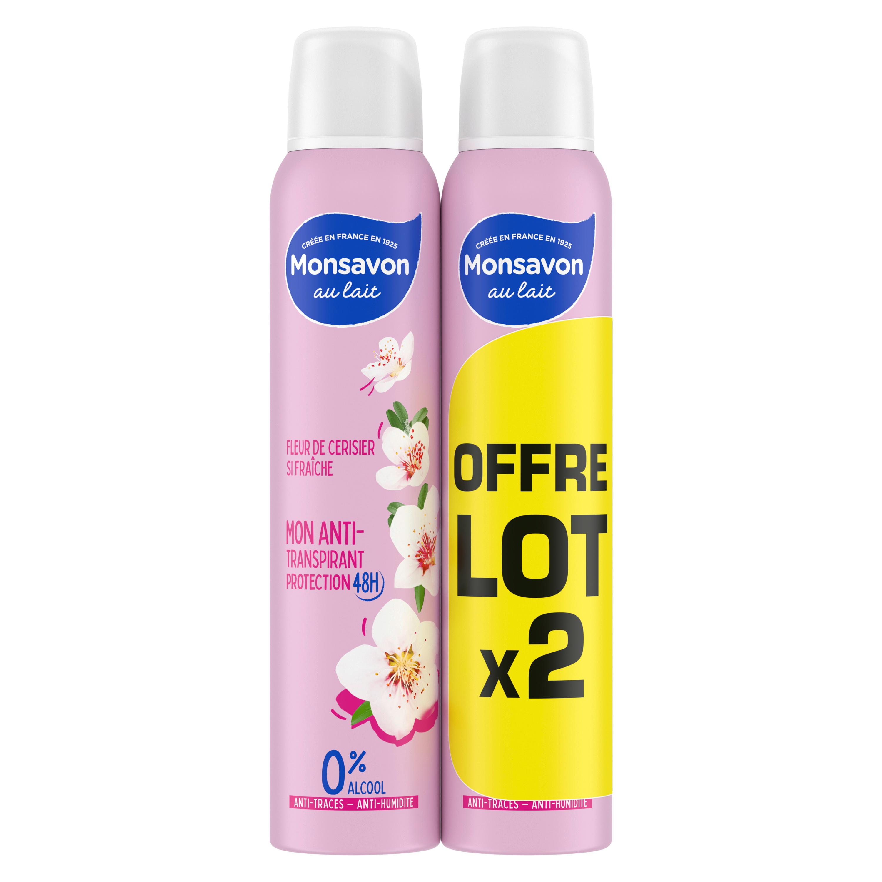 MONSAVON Déodorant 48h anti-traces sans alcool parfum fleur de cerisier 2x200ml