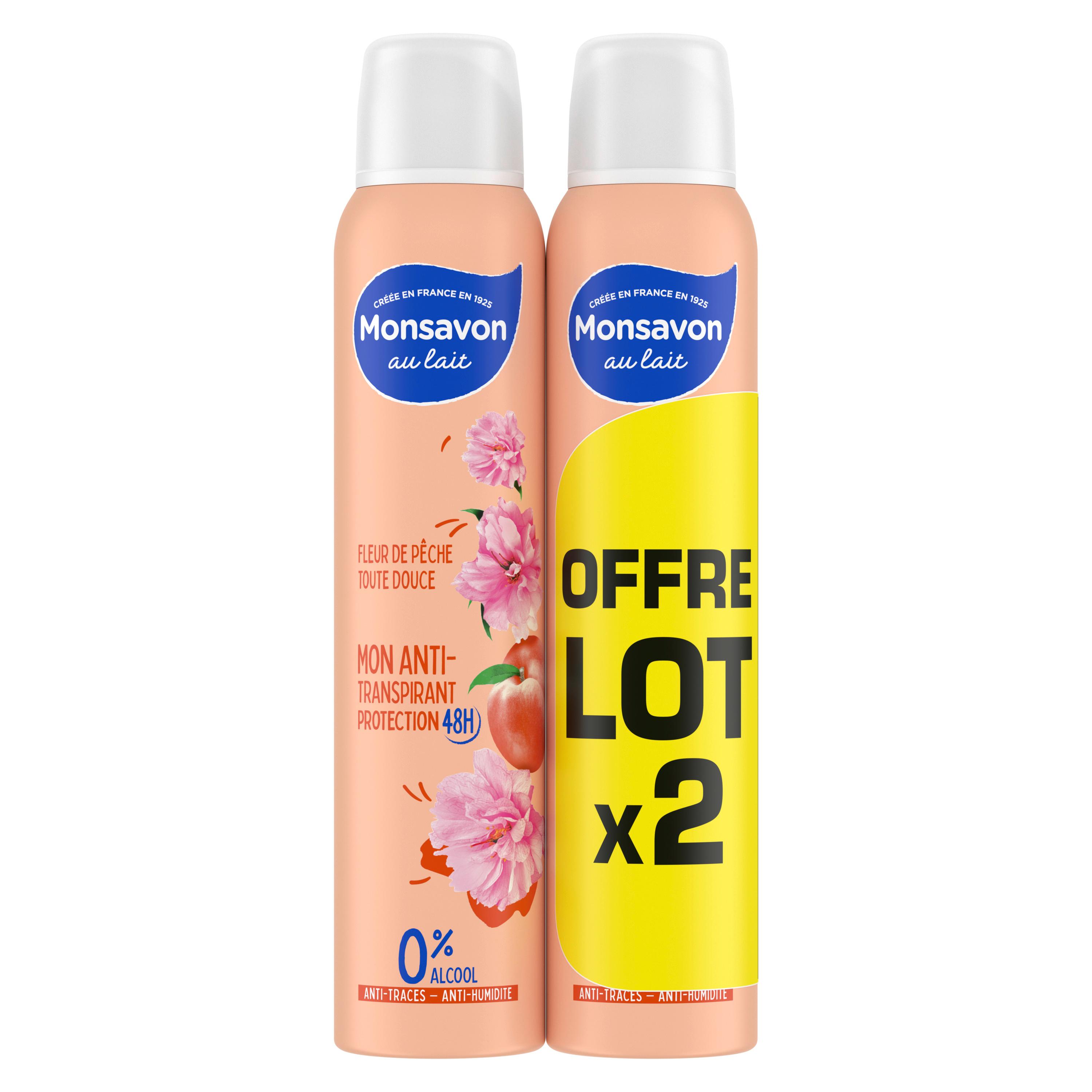 MONSAVON Déodorant 48h anti-traces sans alcool parfum fleur de pêche 2x200ml