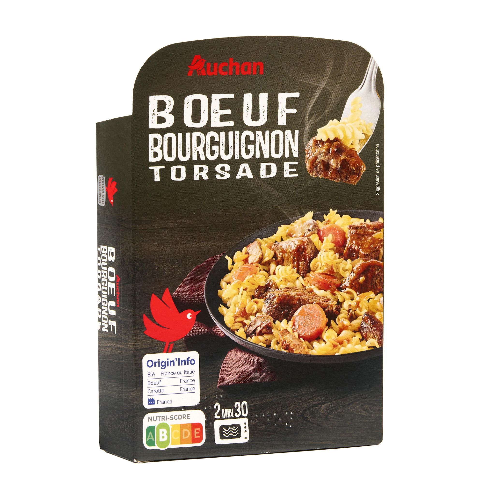 Voir la diapositive 2 : AUCHAN Boeuf bourguignon aux torsades 1 personne 280g
