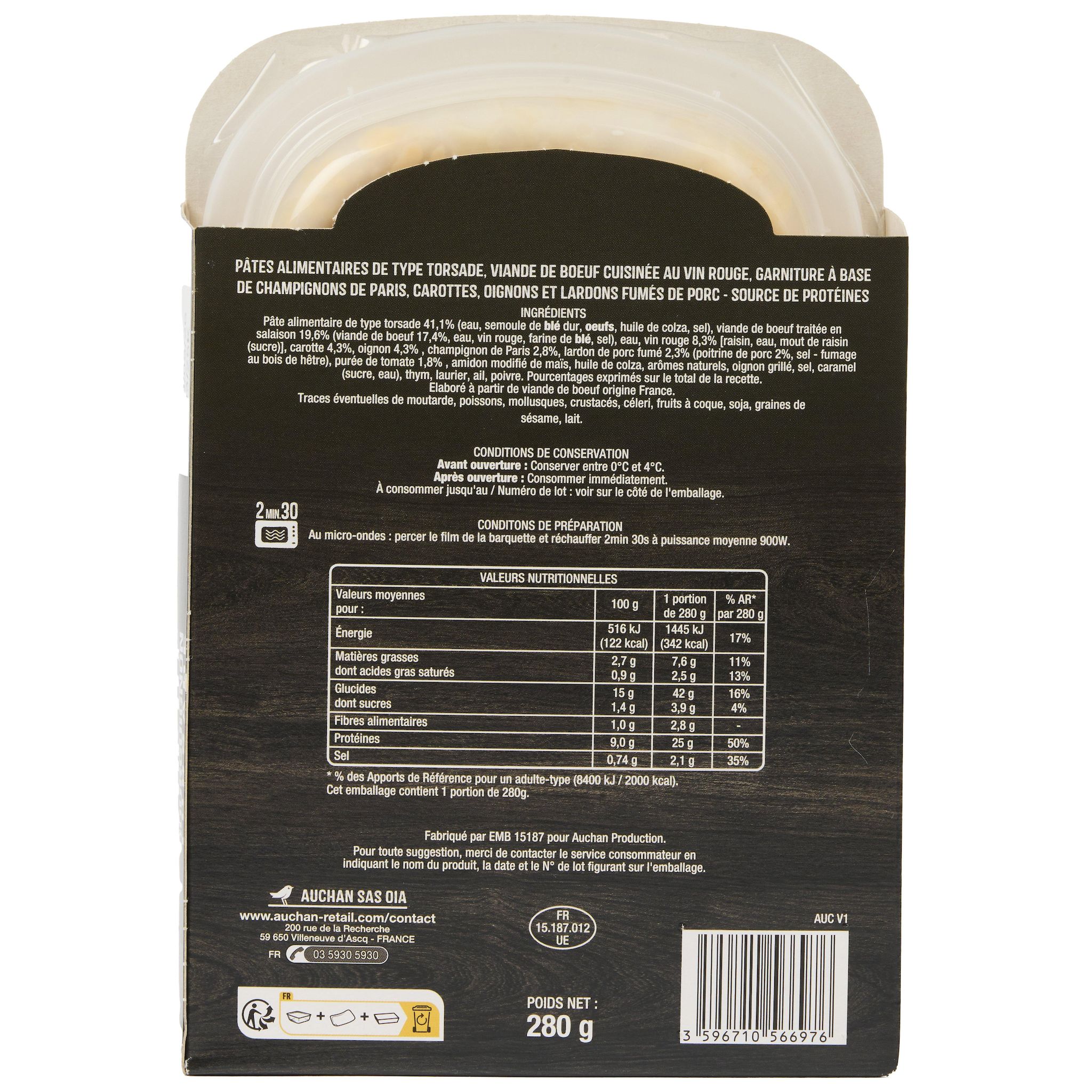 Voir la diapositive 3 : AUCHAN Boeuf bourguignon aux torsades 1 personne 280g