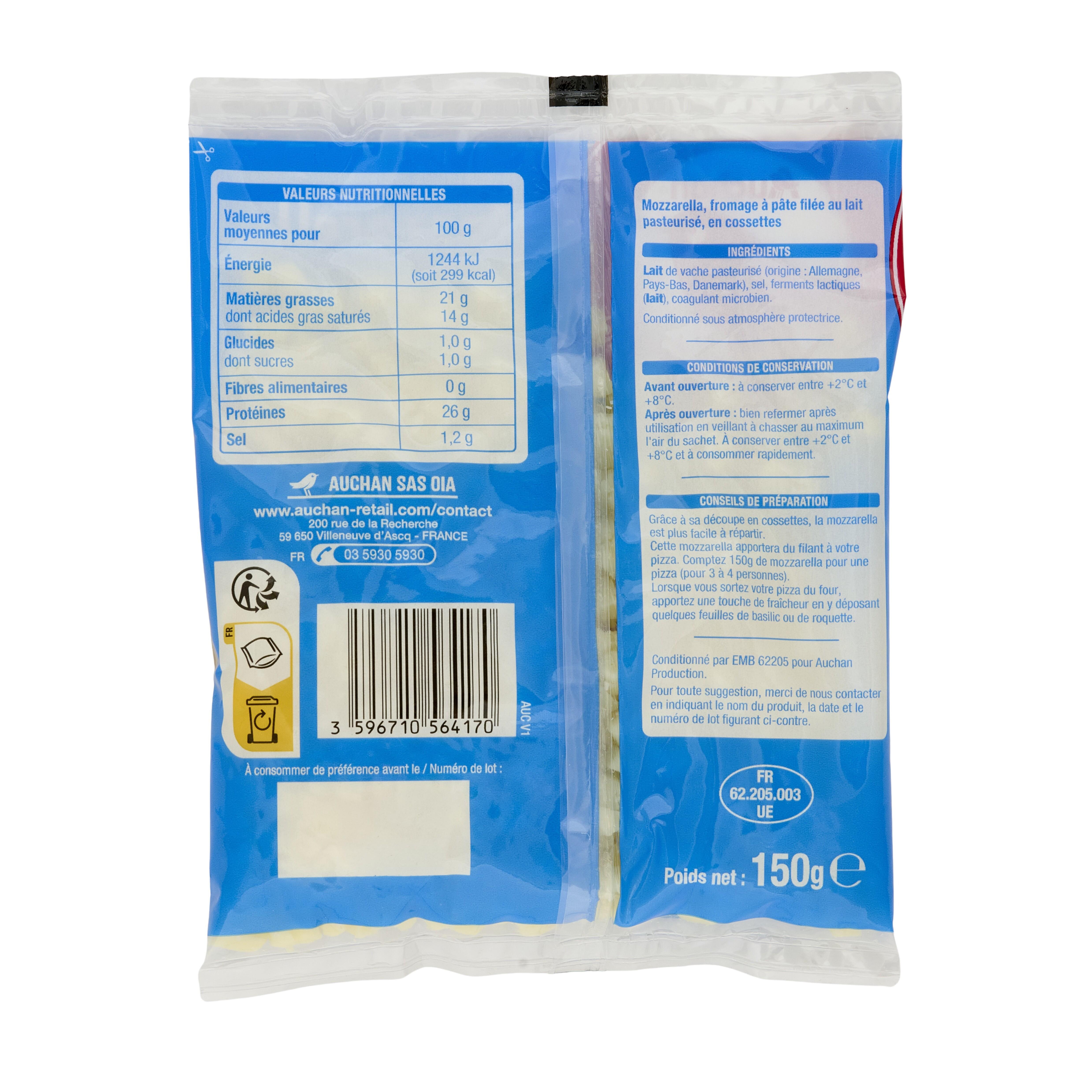 Voir la diapositive 2 : AUCHAN Mozzarella en cossettes 150g