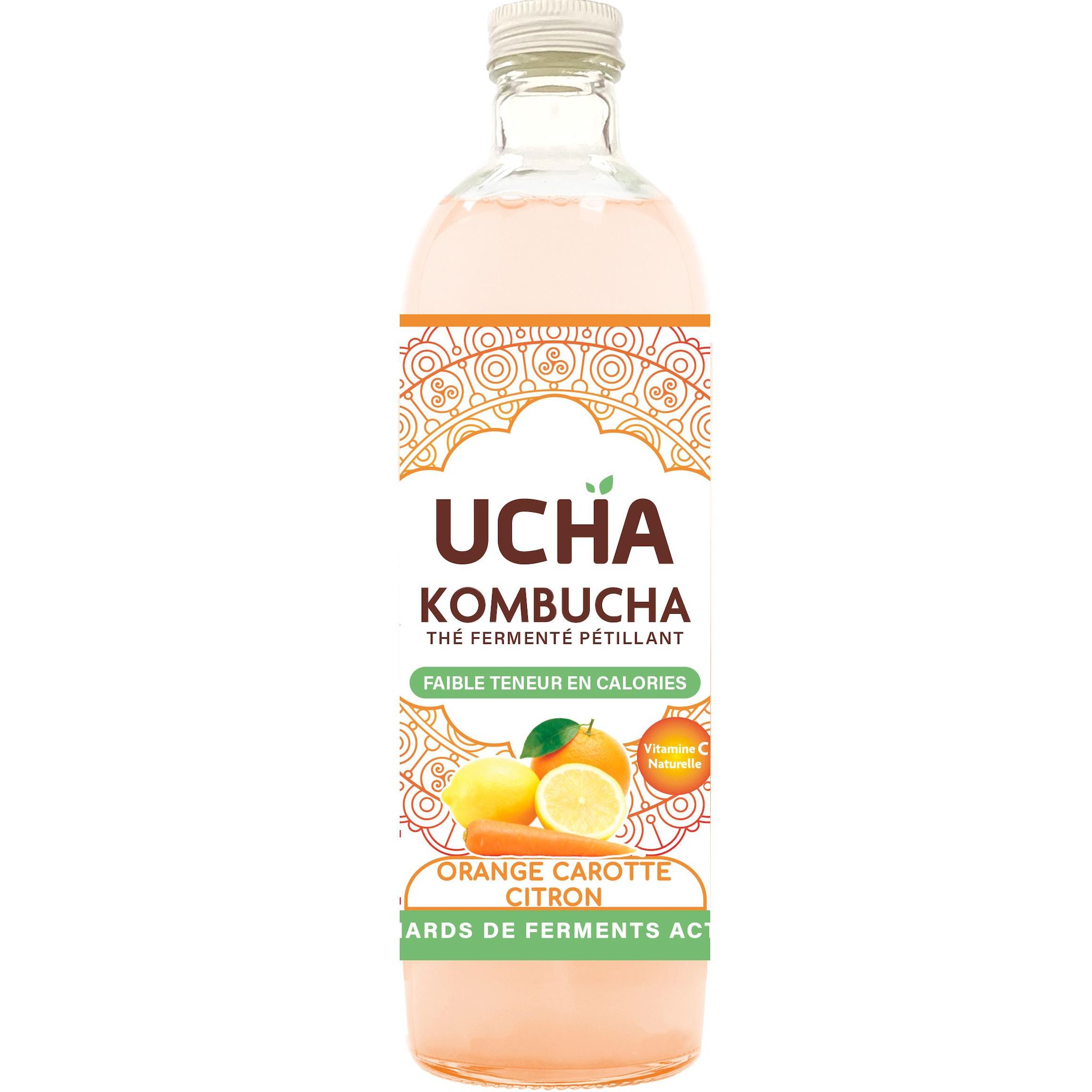 UCHA Kombucha thé fermenté pétillant bio orange carotte citron faible teneur en calories 75cl