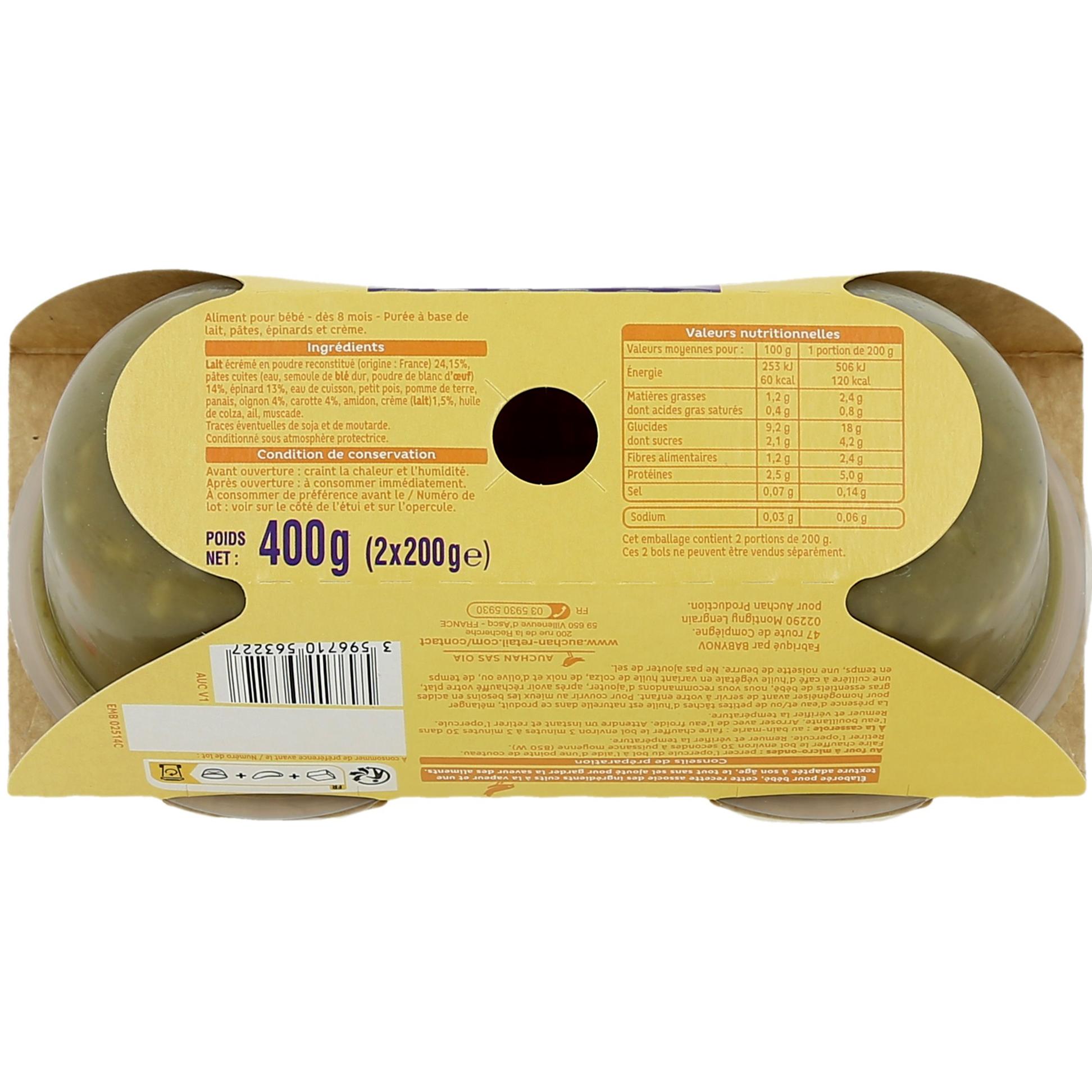 Voir la diapositive 2 : AUCHAN Bol pâtes épinards crème dès 8 mois 2x200g