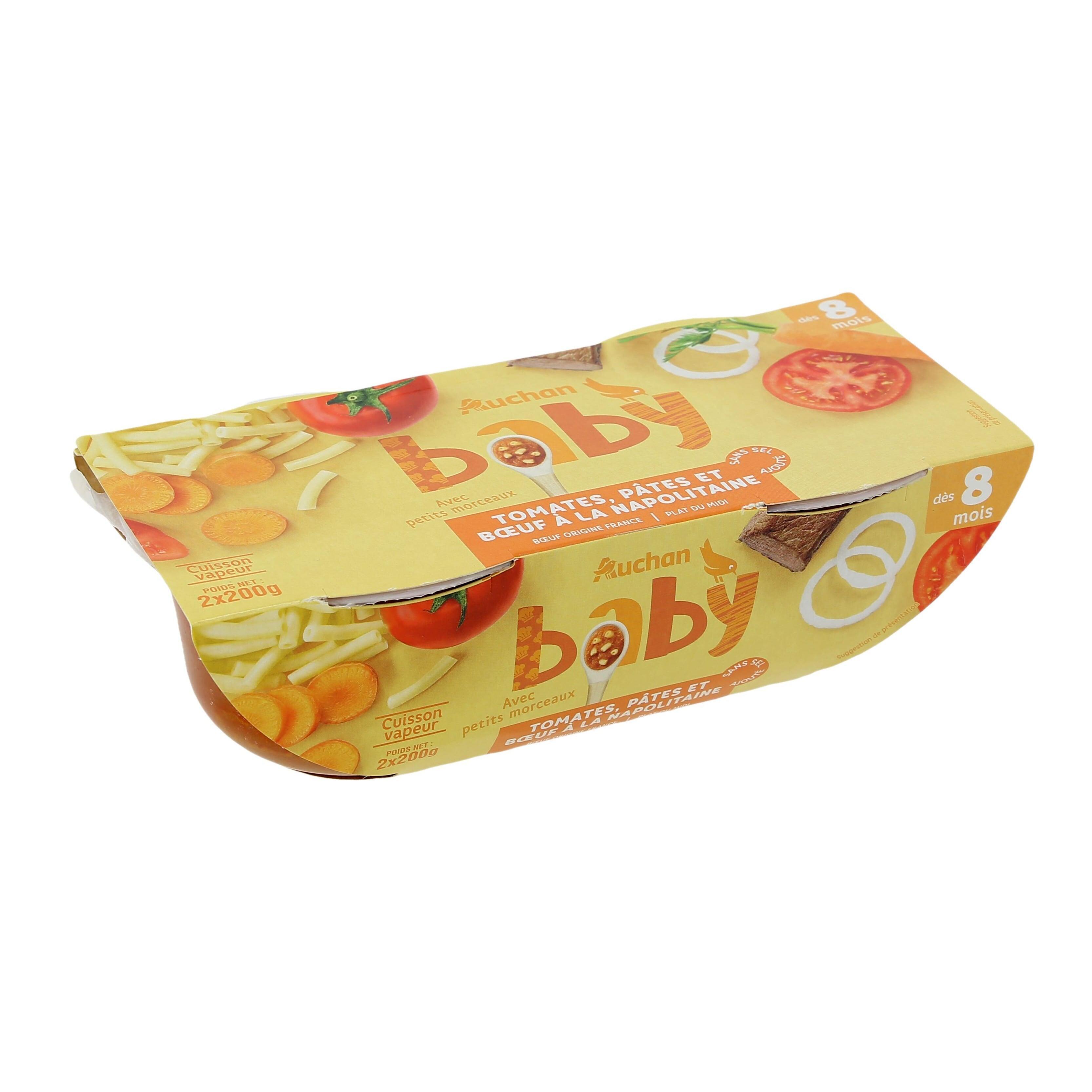 Voir la diapositive 2 : AUCHAN Bol pâtes tomates boeuf dès 8 mois 2x200g
